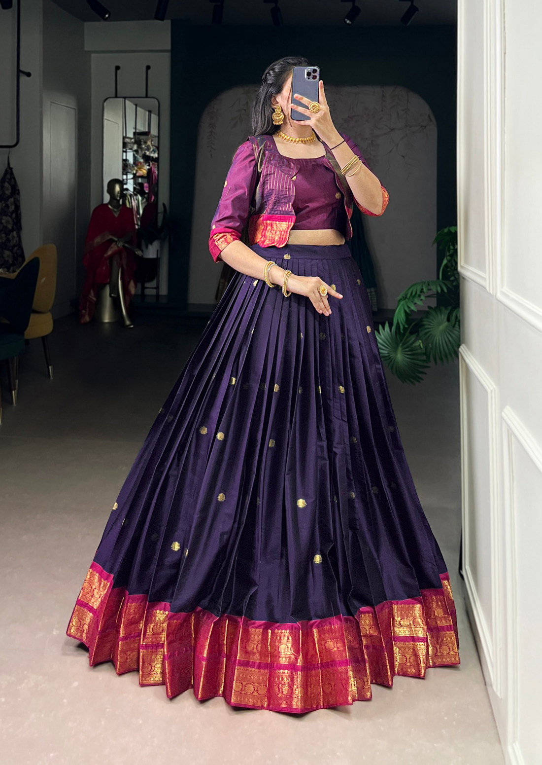 BANZARAN Zari Weaving Poly-Cotton Lehenga Set with Blouse & Koti – 5 Meter Flair