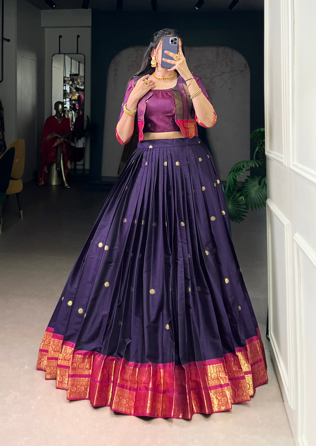 BANZARAN Zari Weaving Poly-Cotton Lehenga Set with Blouse & Koti – 5 Meter Flair