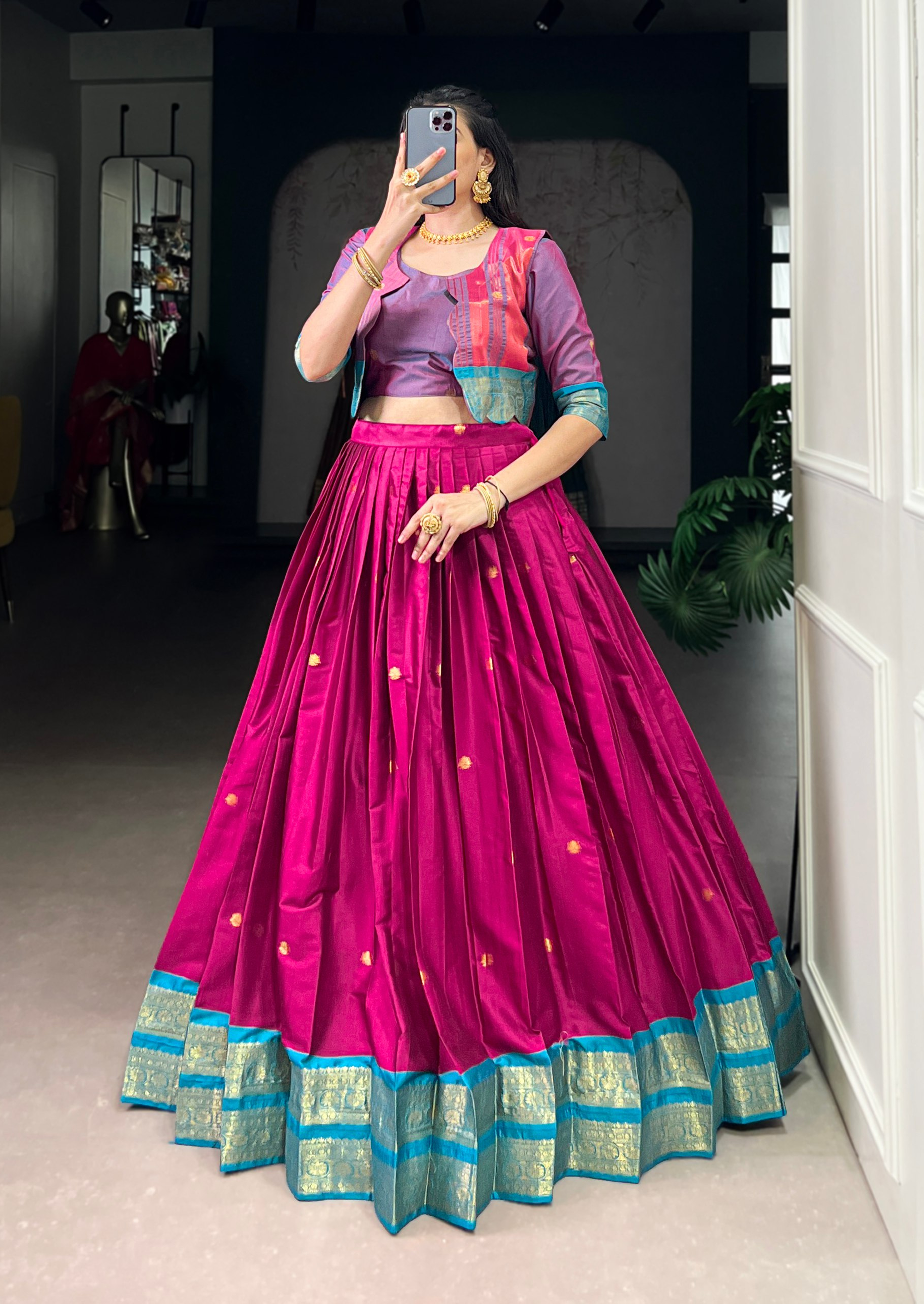 BANZARAN Zari Weaving Poly-Cotton Lehenga Set with Blouse & Koti – 5 Meter Flair