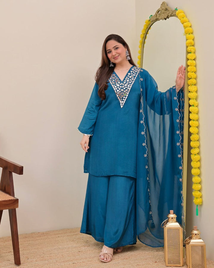 Premium Banzaran Festive Wear Fox Georgette Real Mirror Embroidered Sharara Set for Women