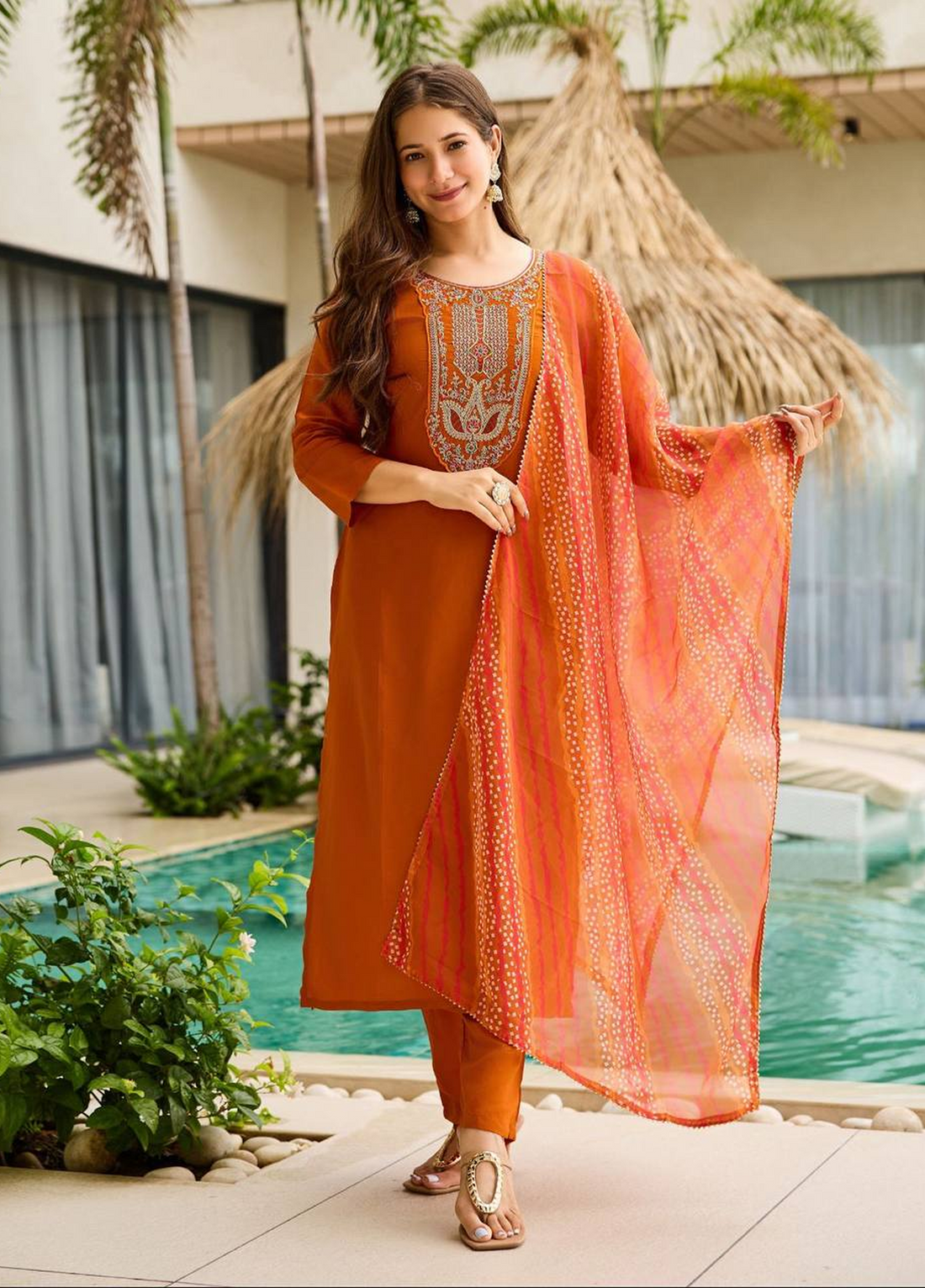 Women's  Banzaran Rayon Embroidered Straight Kurta Set With Pant & Dupatta – Orange Gala