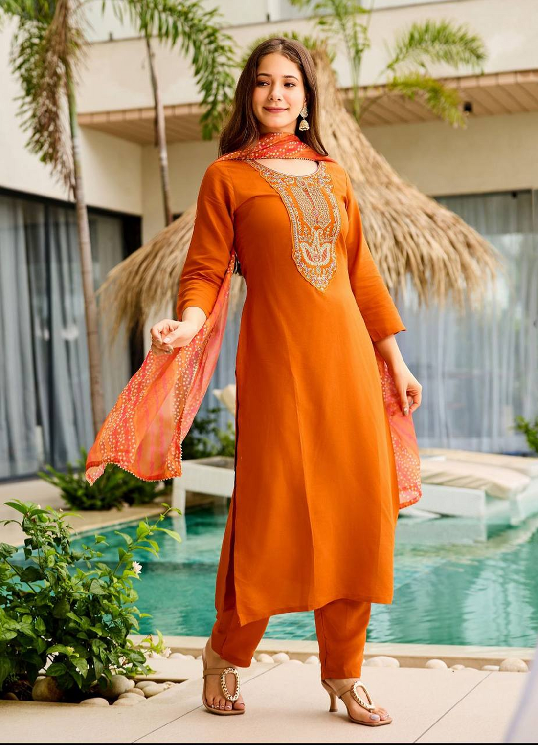 Women's  Banzaran Rayon Embroidered Straight Kurta Set With Pant & Dupatta – Orange Gala