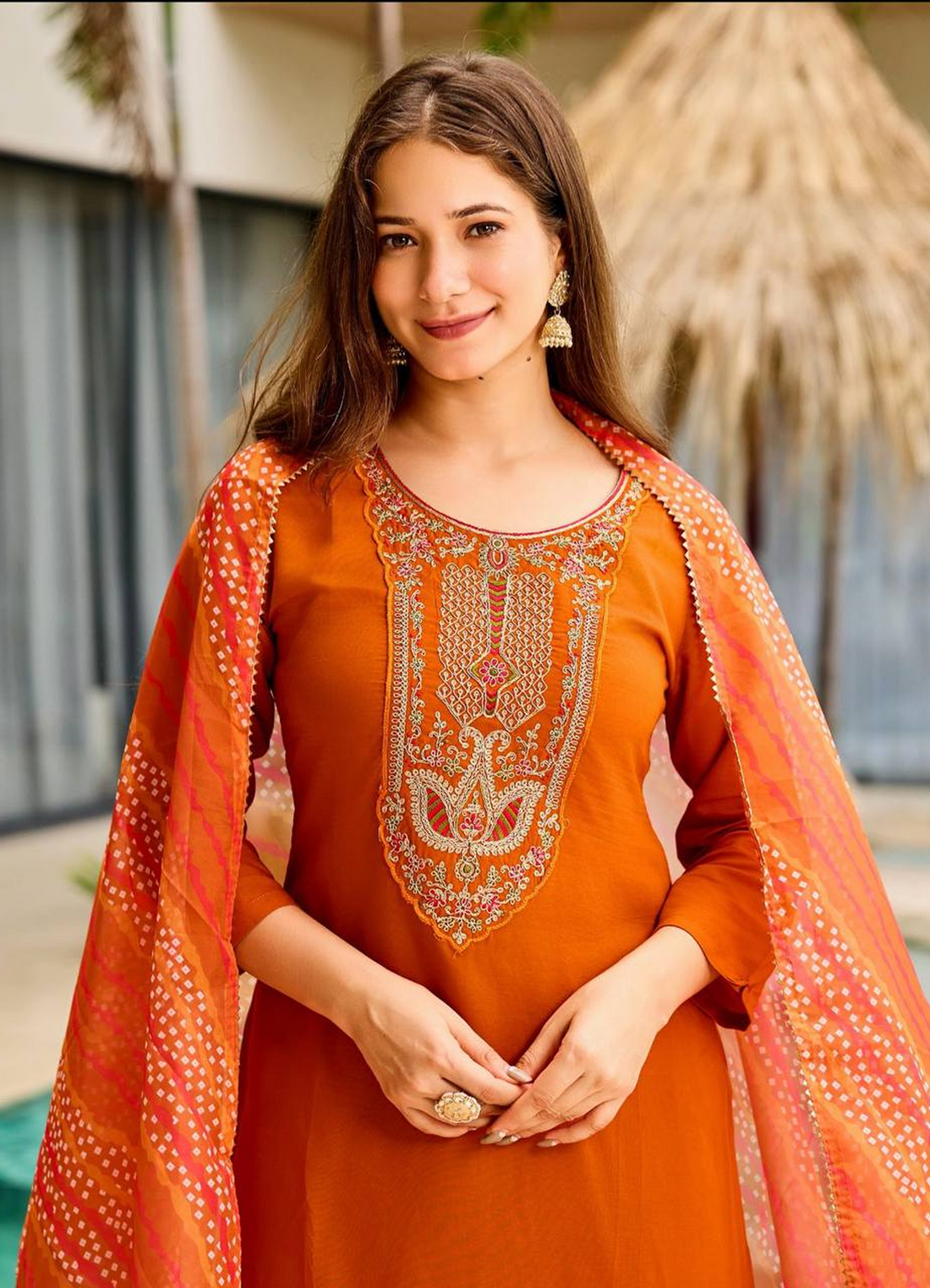 Women's  Banzaran Rayon Embroidered Straight Kurta Set With Pant & Dupatta – Orange Gala