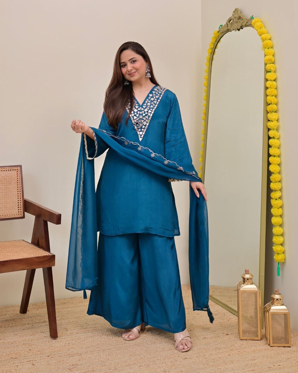 Premium Banzaran Festive Wear Fox Georgette Real Mirror Embroidered Sharara Set for Women