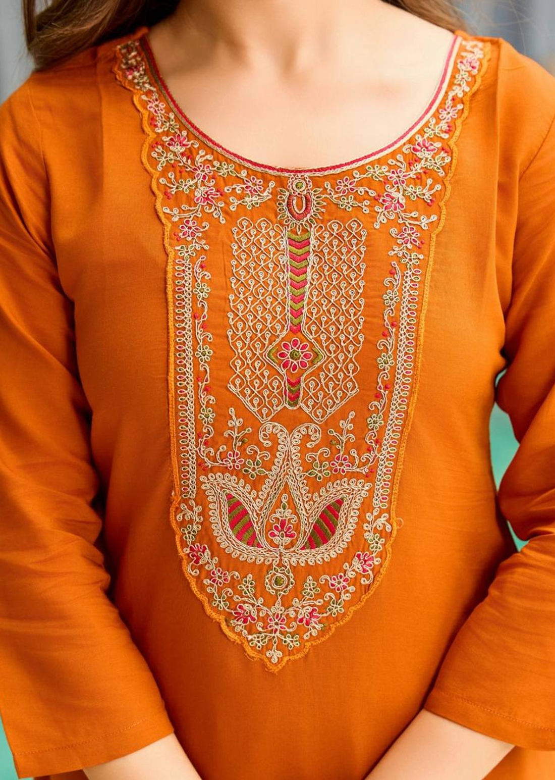 Women's  Banzaran Rayon Embroidered Straight Kurta Set With Pant & Dupatta – Orange Gala