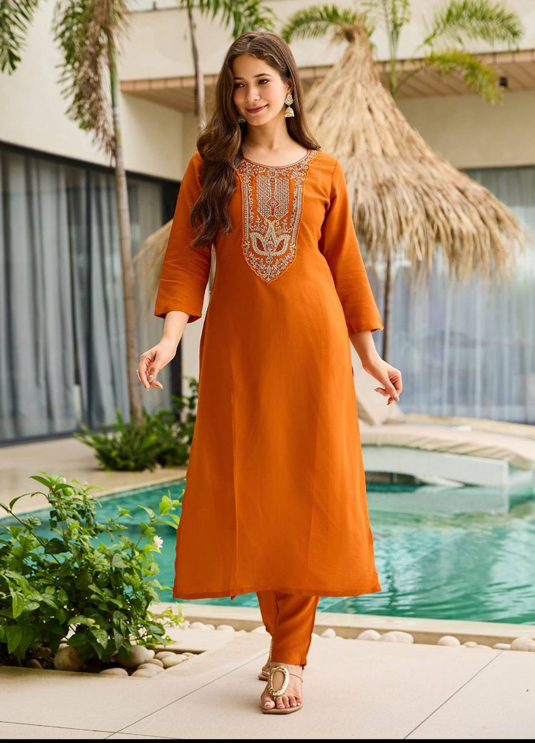 Women's  Banzaran Rayon Embroidered Straight Kurta Set With Pant & Dupatta – Orange Gala