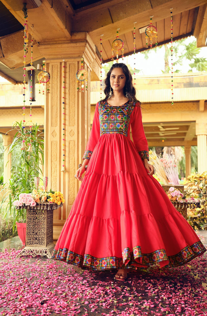 Premium Banzaran Pure Cotton  Gamthi Jacquard Neck Ruffle Gown