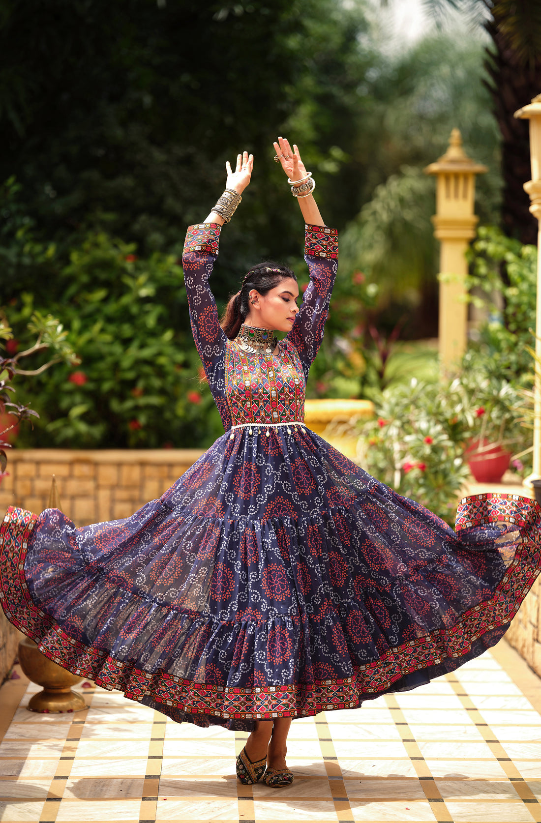 Premium Faux Georgette Ruffle Gown – Gamthi Jacquard Neck