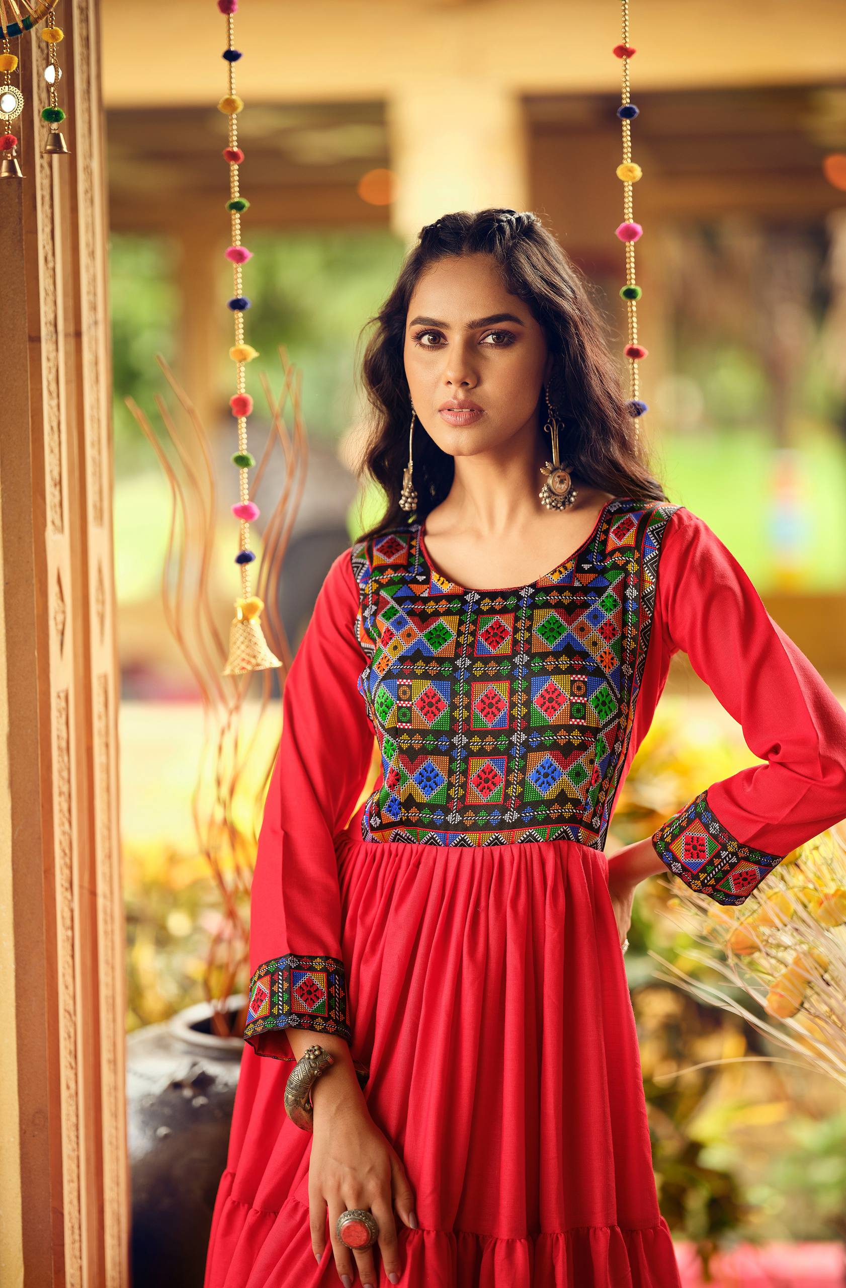 Premium Banzaran Pure Cotton  Gamthi Jacquard Neck Ruffle Gown