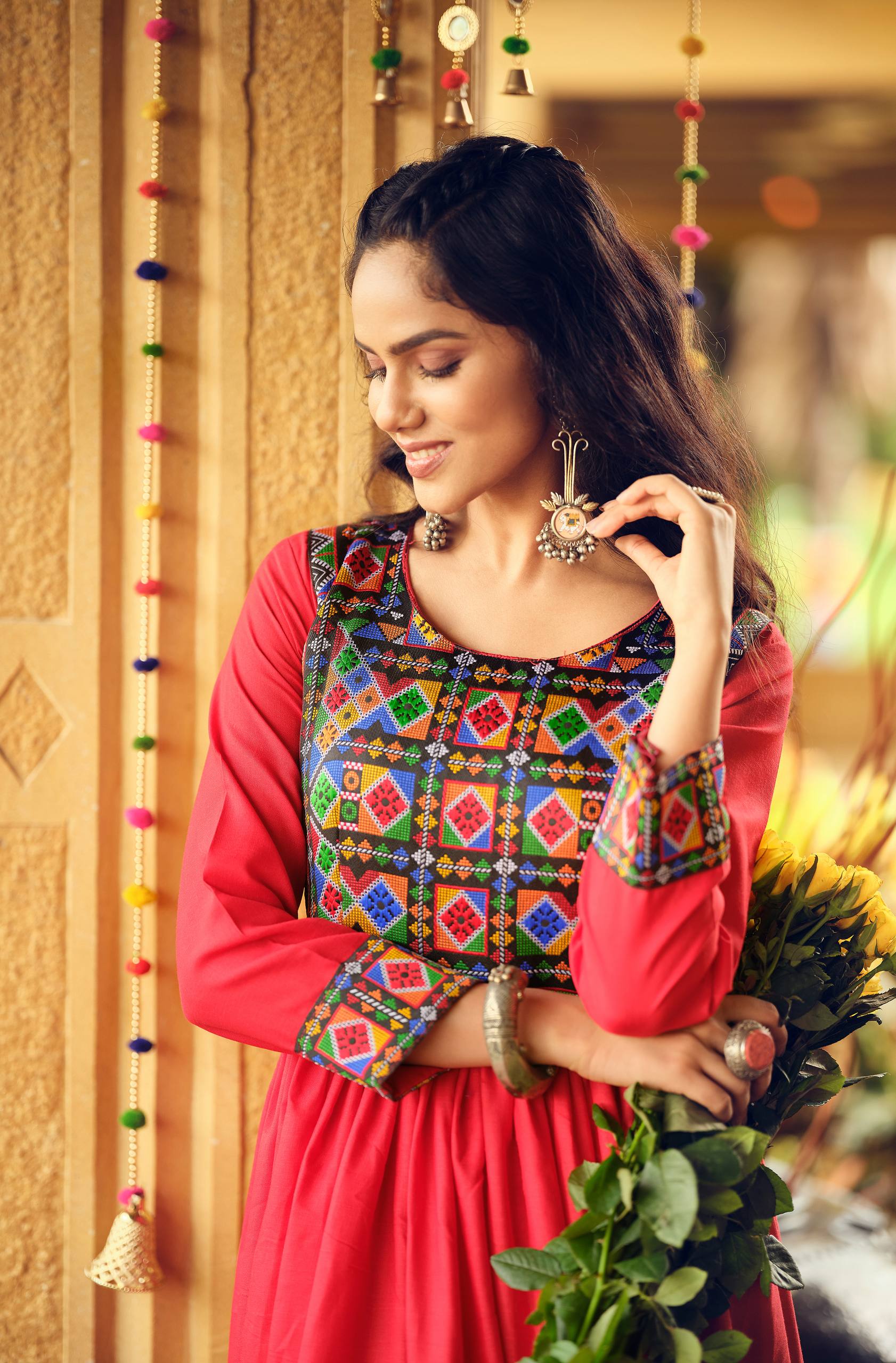 Premium Banzaran Pure Cotton  Gamthi Jacquard Neck Ruffle Gown