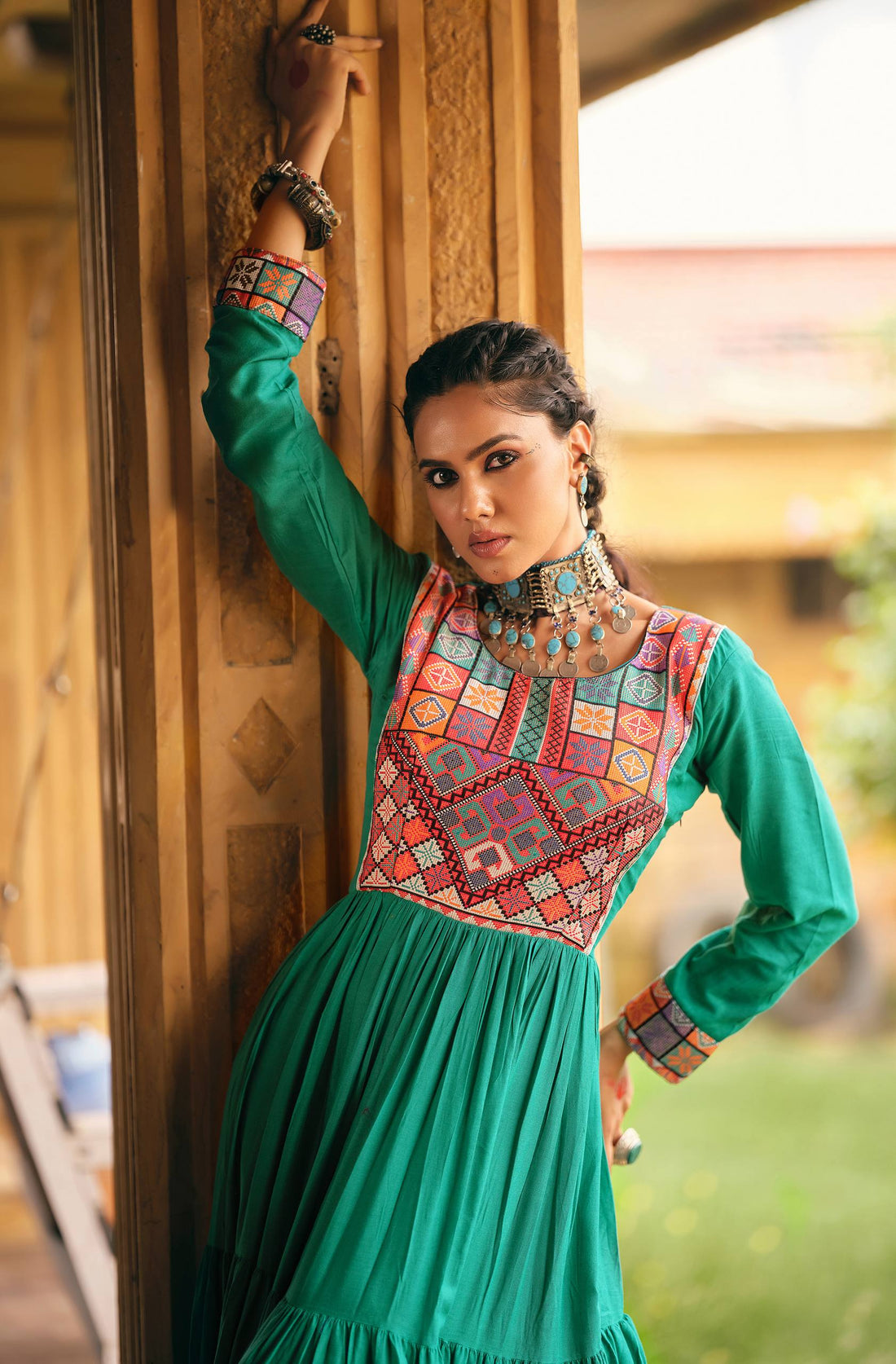 Premium Rayon Ruffle Gown with Gamthi Jacquard Neck