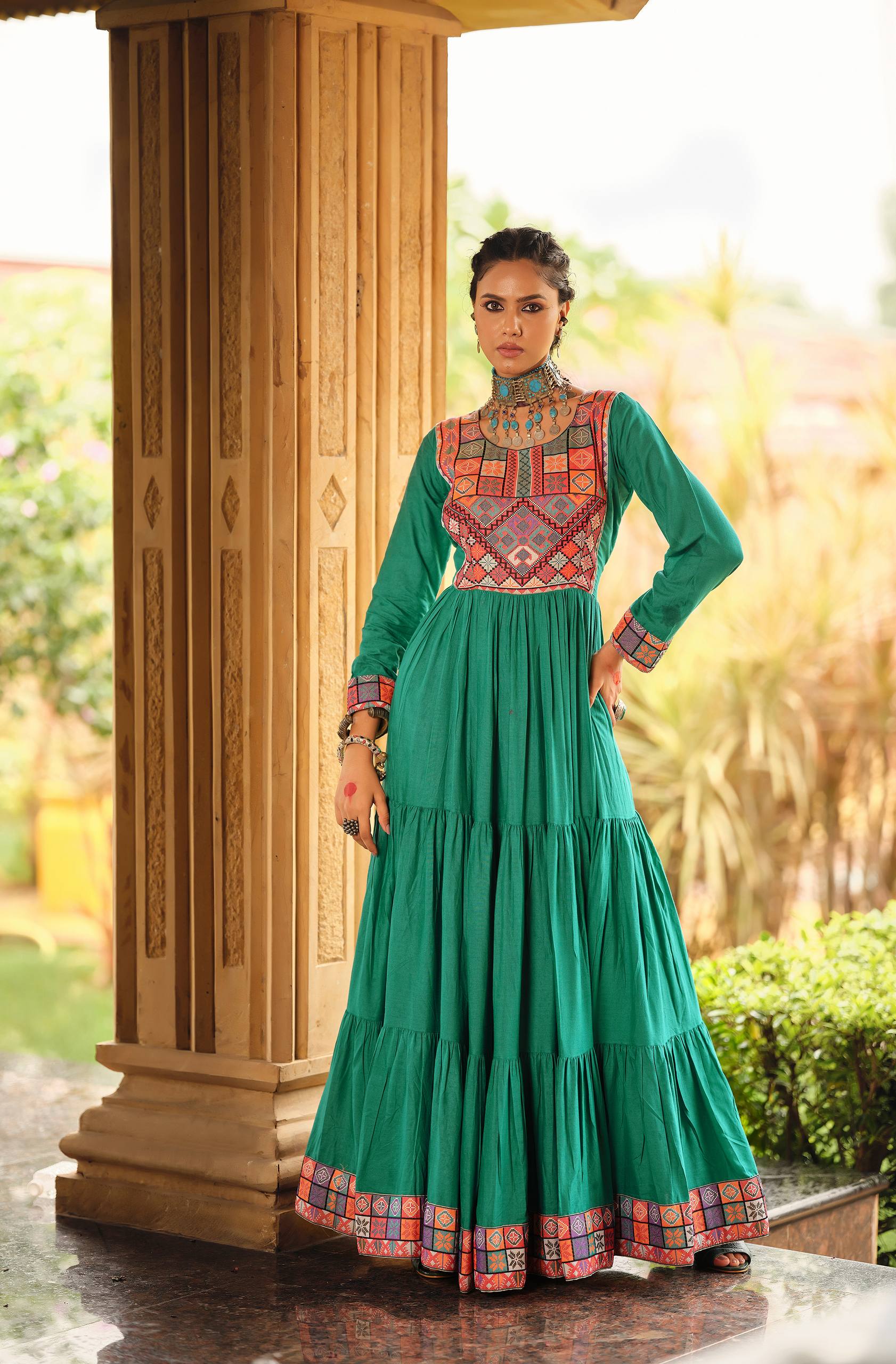 Premium Rayon Ruffle Gown with Gamthi Jacquard Neck