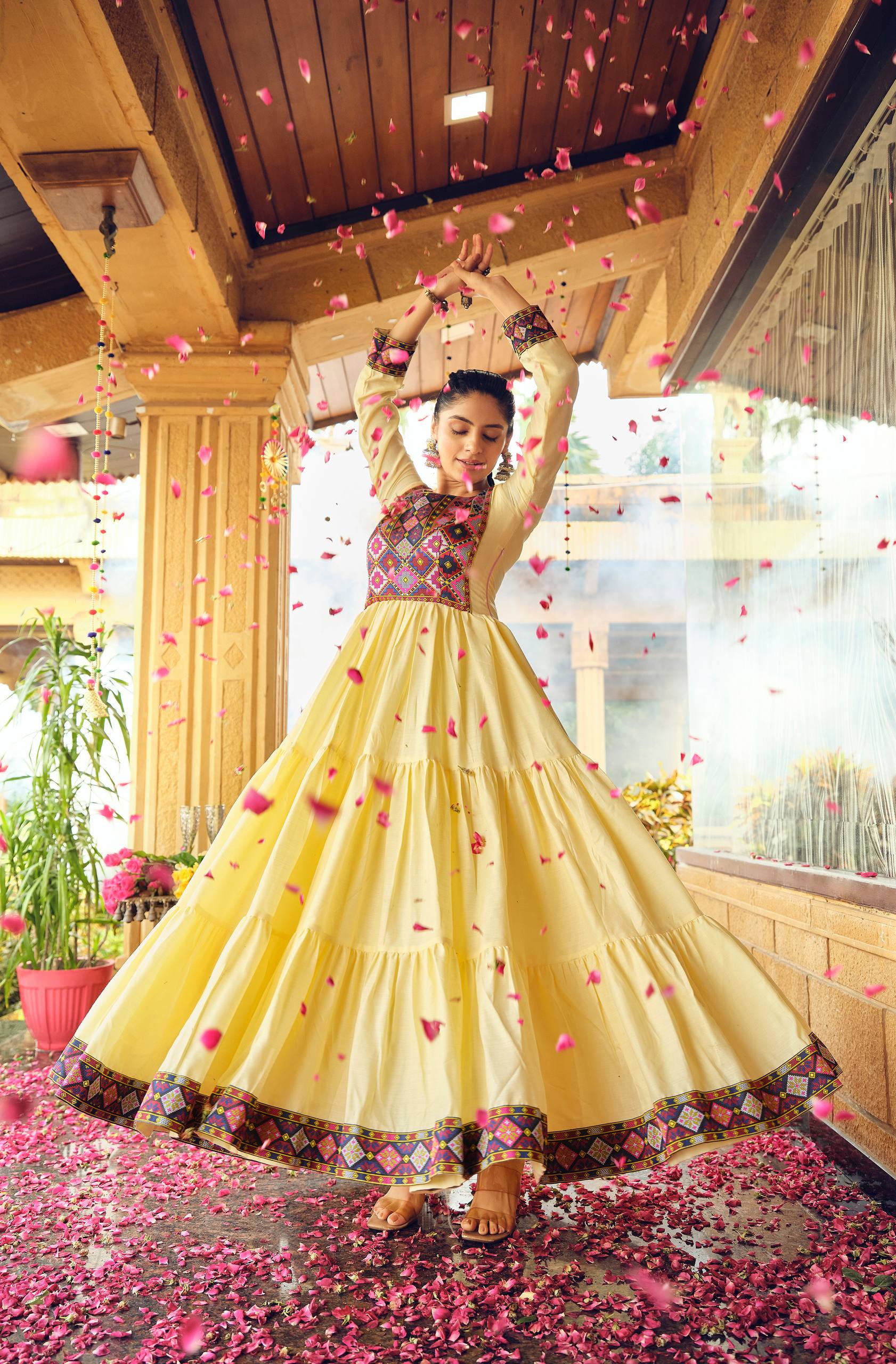 Premium Banzaran Pure Cotton  Gamthi Jacquard Neck Ruffle Gown