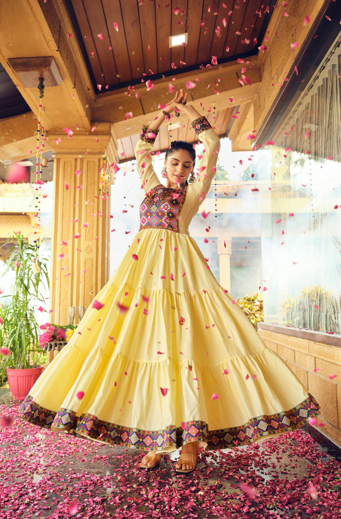 Premium Banzaran Pure Cotton  Gamthi Jacquard Neck Ruffle Gown