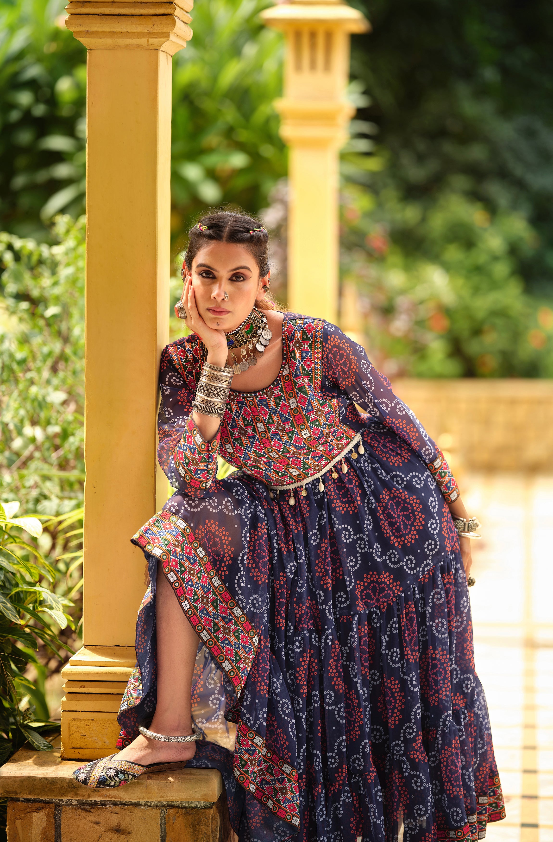 Premium Faux Georgette Ruffle Gown – Gamthi Jacquard Neck