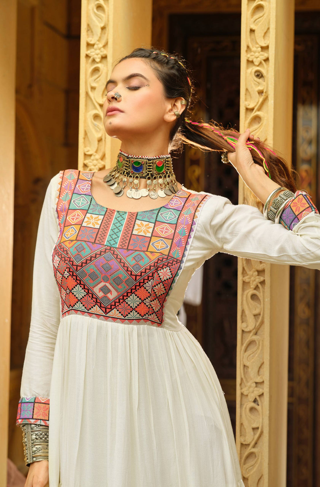 Premium Rayon Ruffle Gown with Gamthi Jacquard Neck