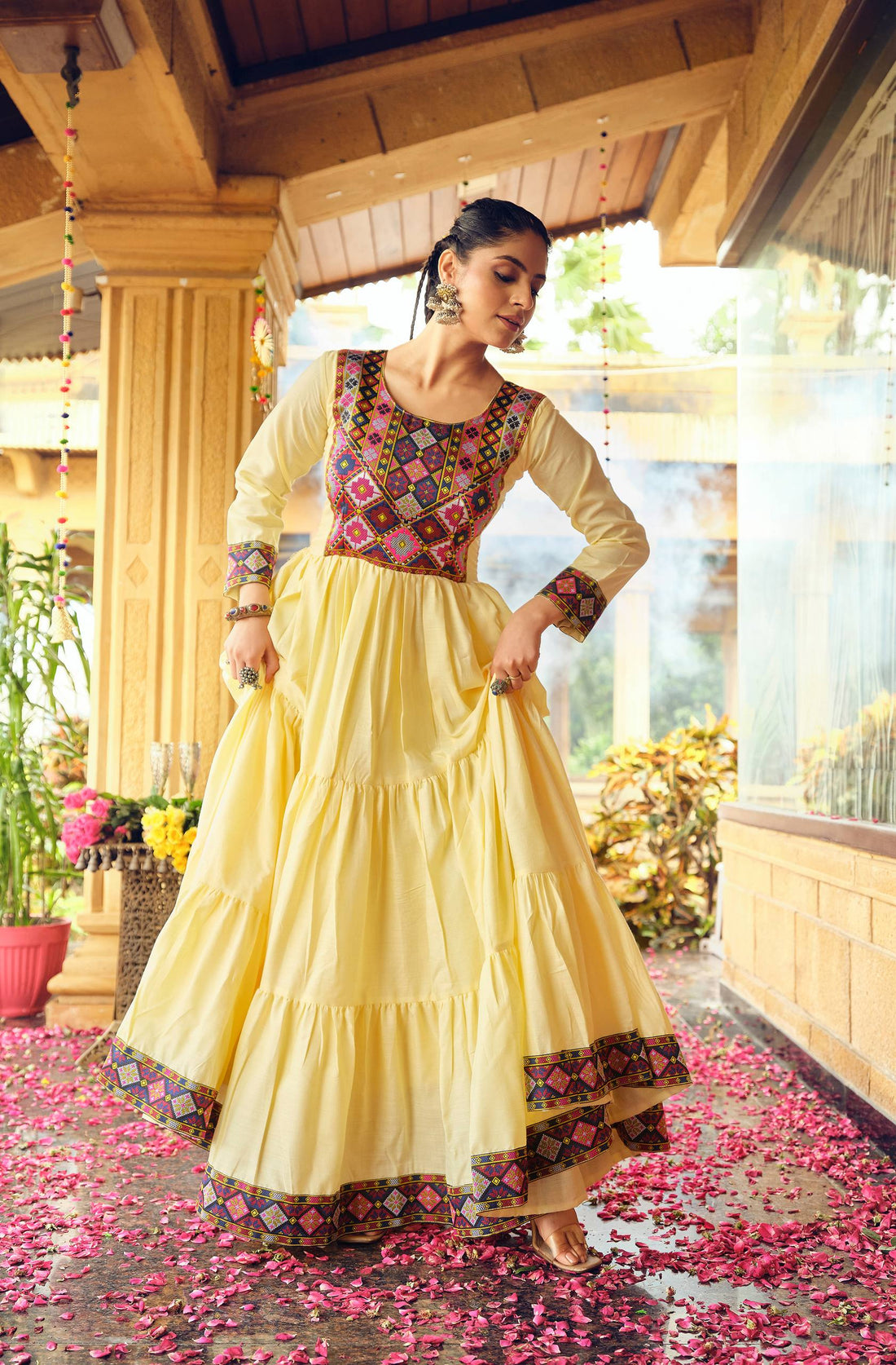 Premium Banzaran Pure Cotton  Gamthi Jacquard Neck Ruffle Gown