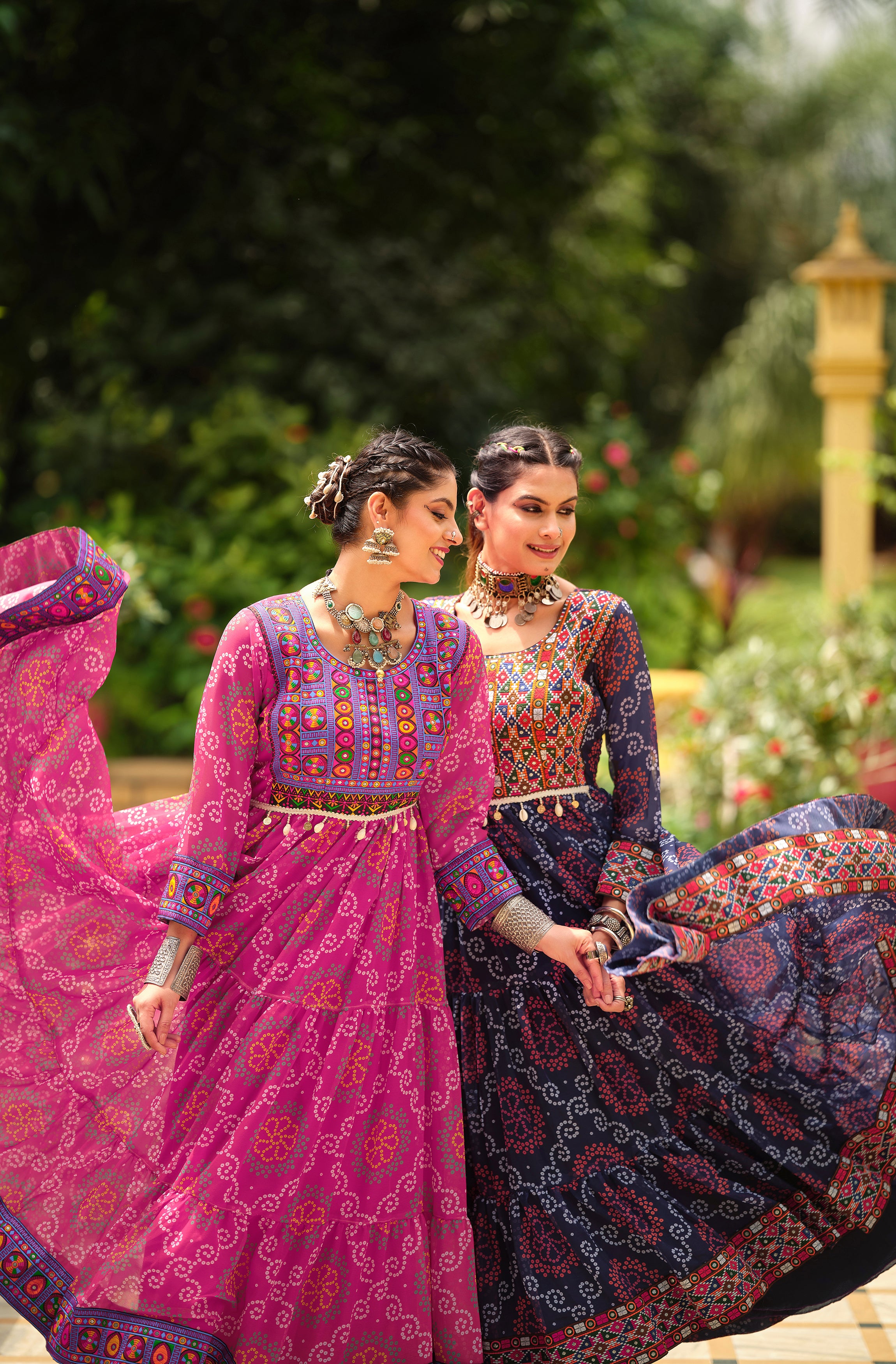 Premium Faux Georgette Ruffle Gown – Gamthi Jacquard Neck