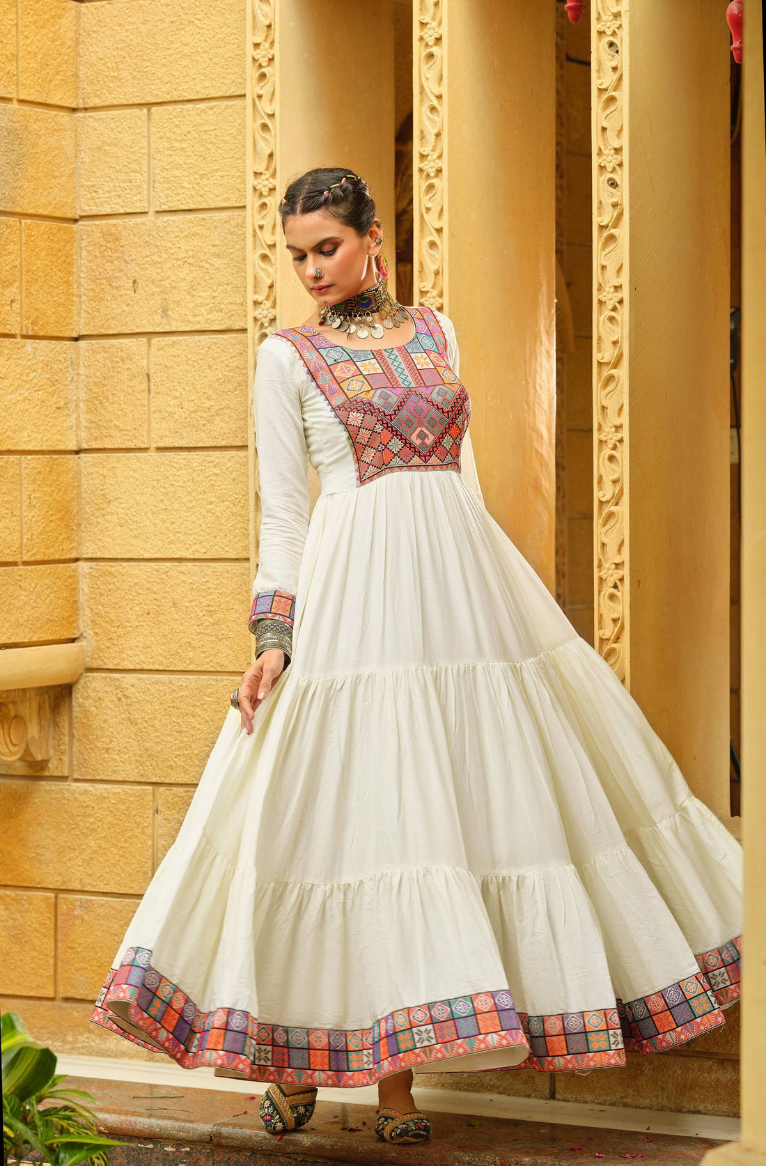 Premium Rayon Ruffle Gown with Gamthi Jacquard Neck