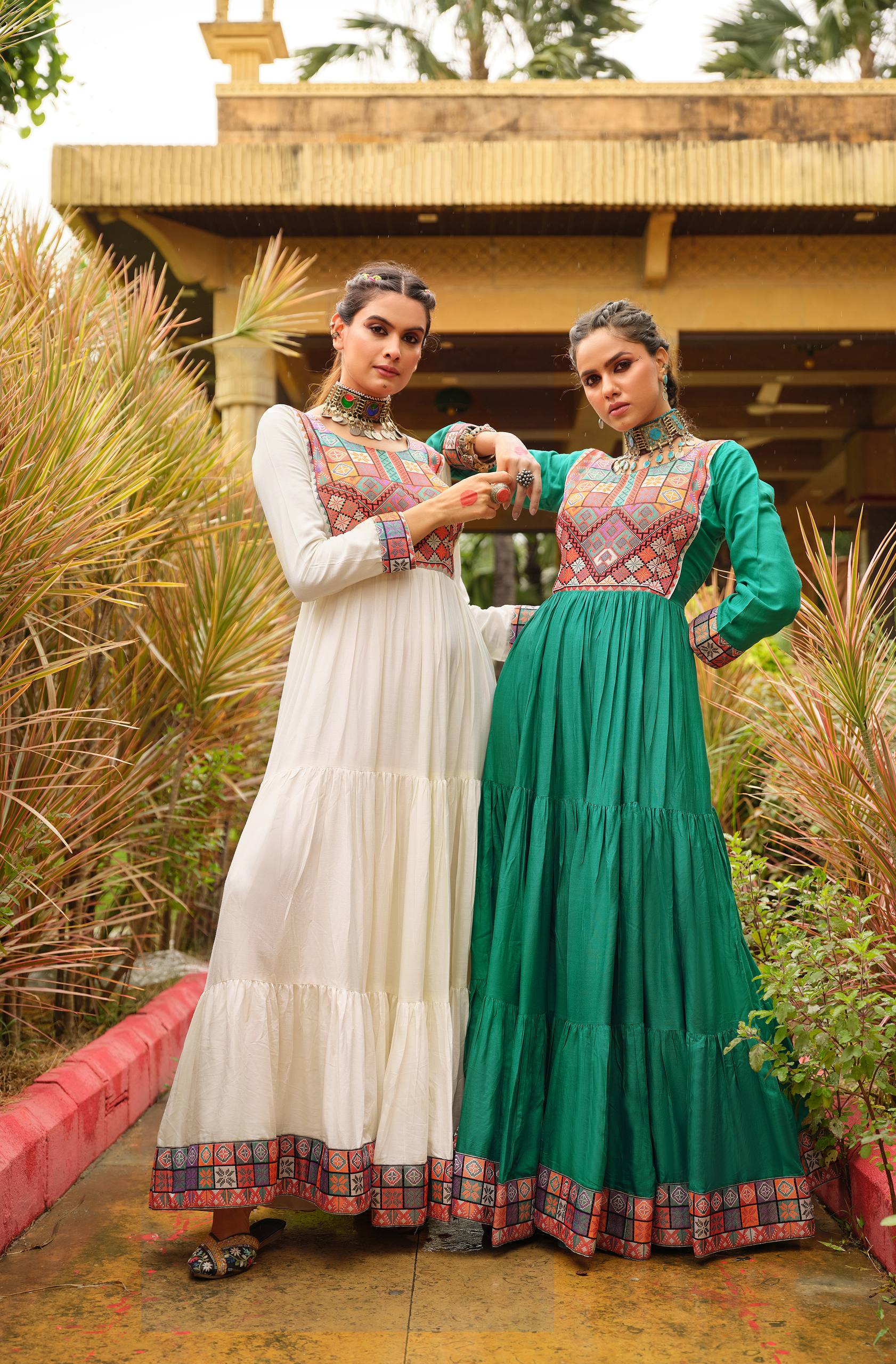 Premium Rayon Ruffle Gown with Gamthi Jacquard Neck