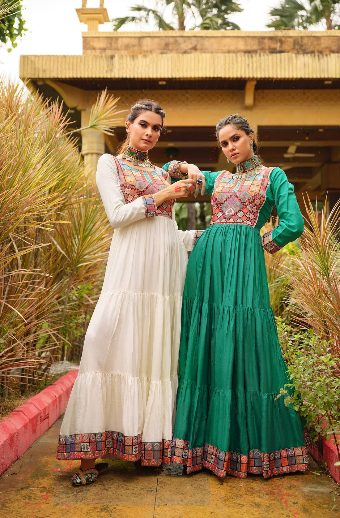 Premium Rayon Ruffle Gown with Gamthi Jacquard Neck