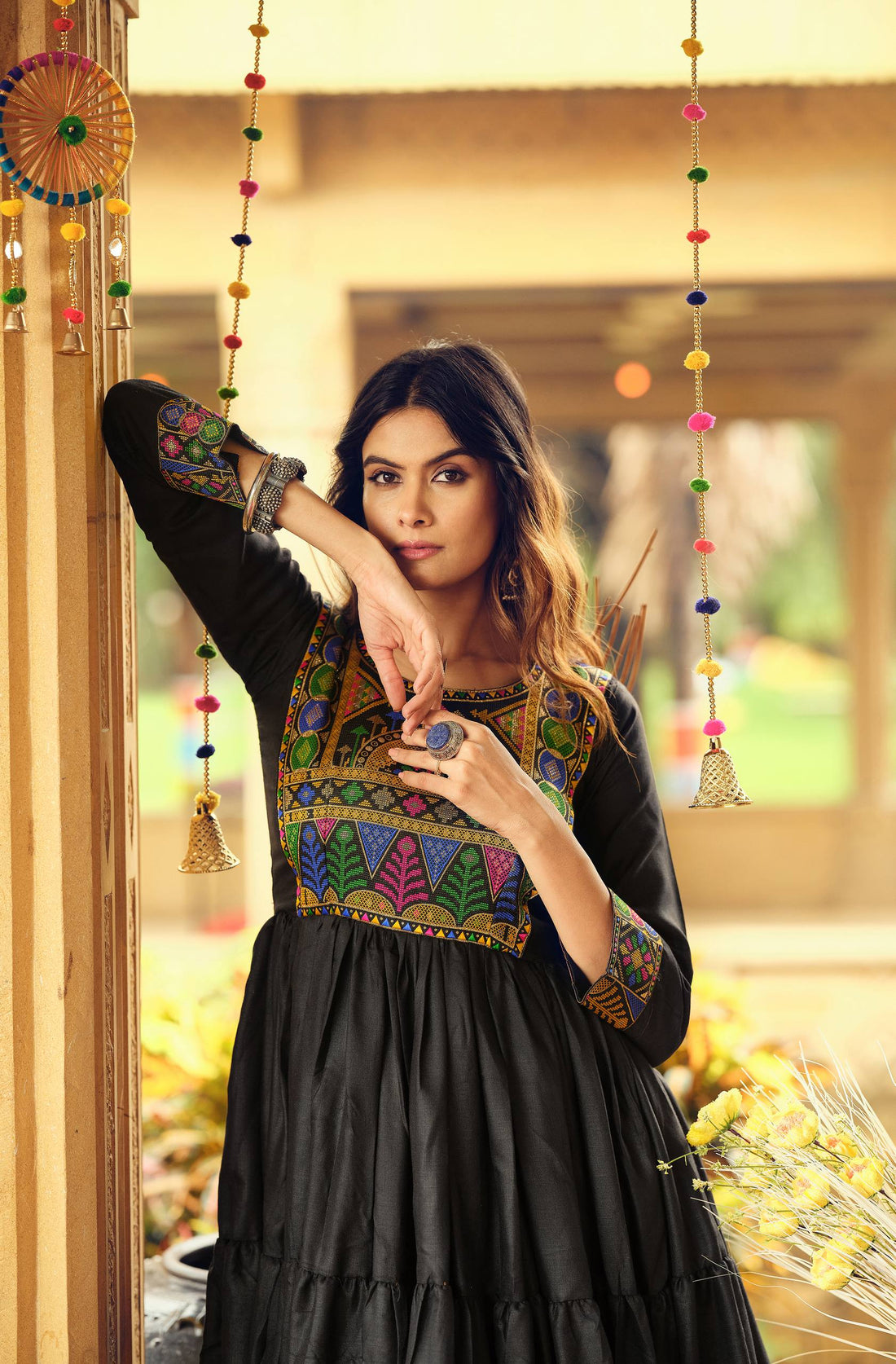 Premium Banzaran Pure Cotton  Gamthi Jacquard Neck Ruffle Gown