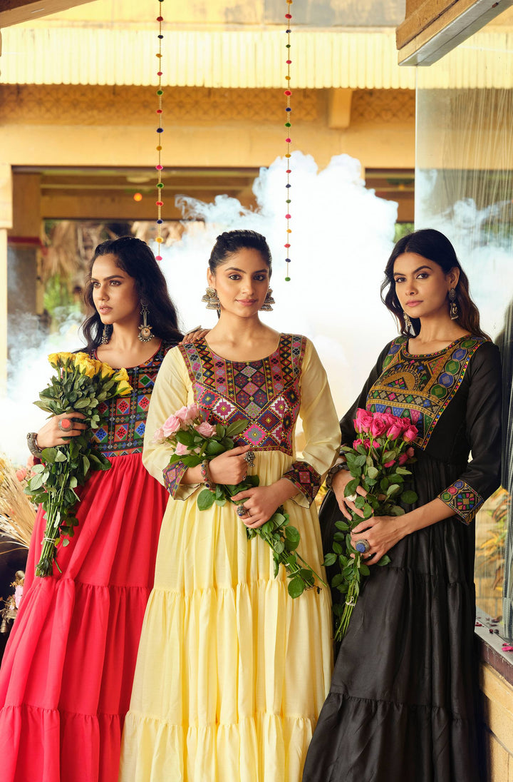 Premium Banzaran Pure Cotton  Gamthi Jacquard Neck Ruffle Gown