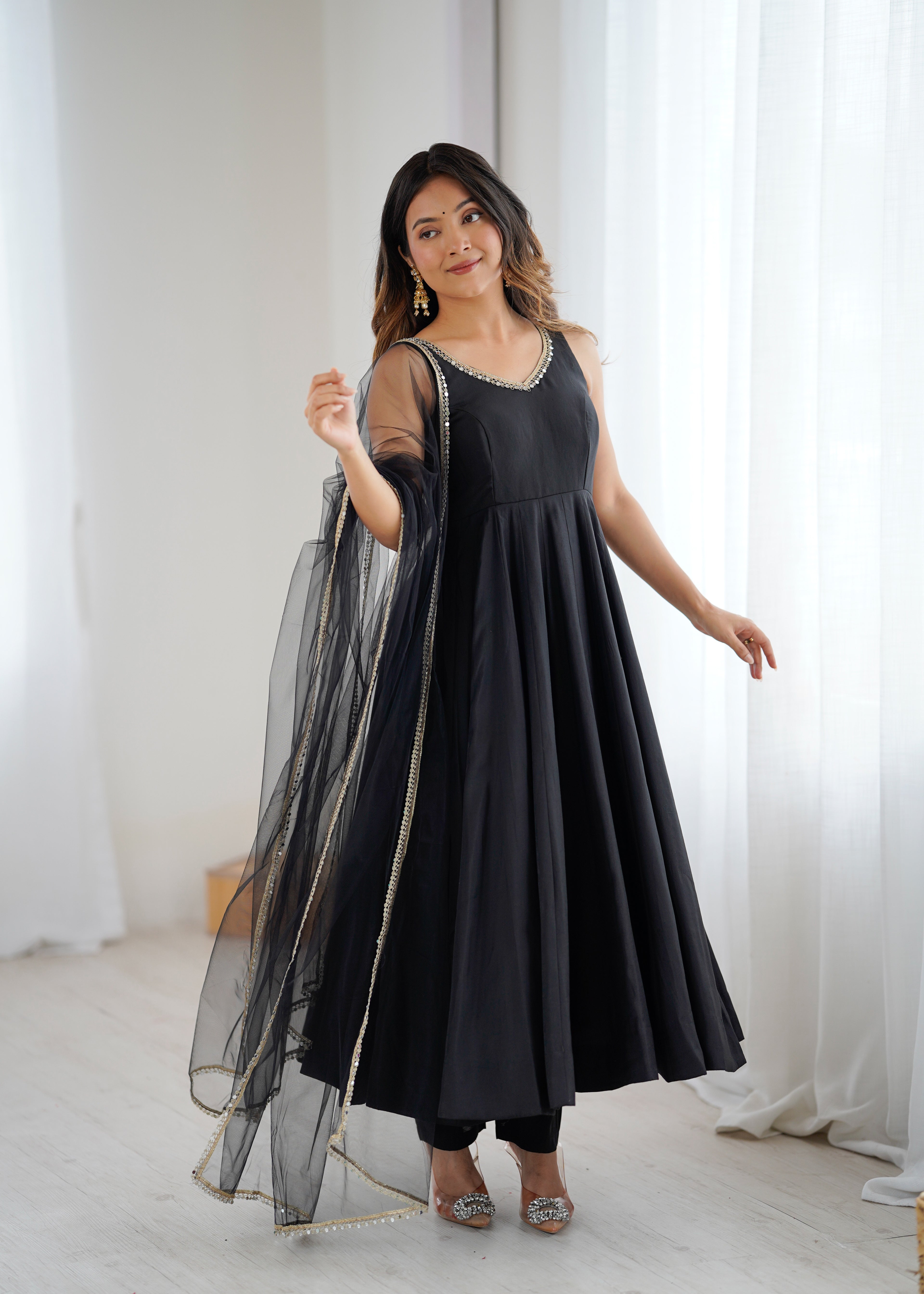 Pure Romansilk Black Chanderi Anarkali Set with Dupatta & Pant