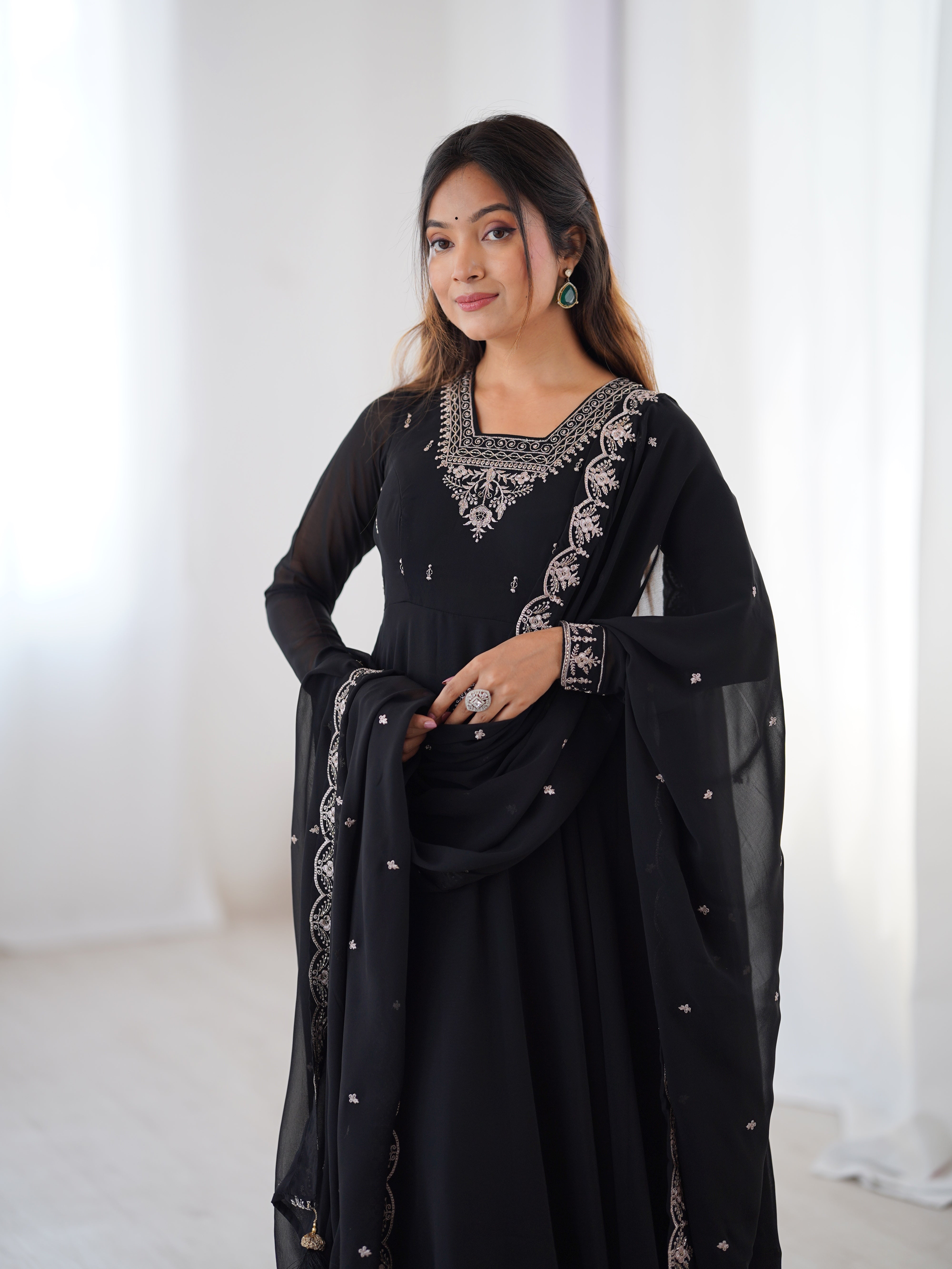 Pure Soft Black Fox Georgette Heavy Embroidery Fully Flared Anarkali Suit Set with Dupatta & Pant (Copy)