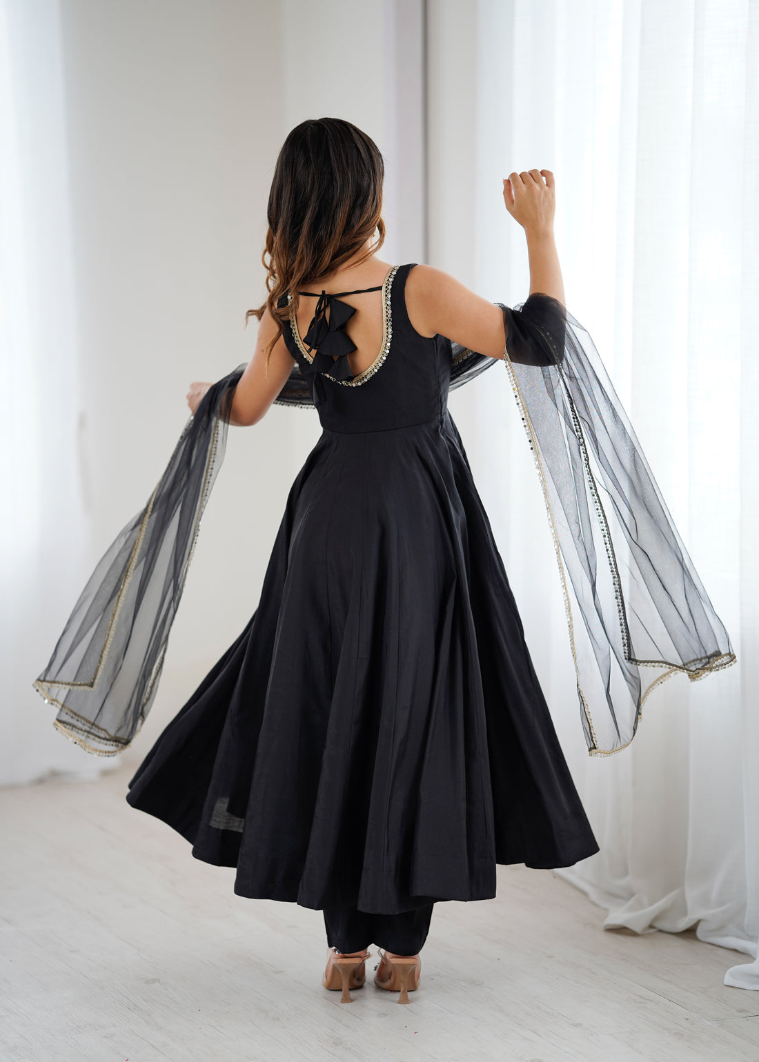 Pure Romansilk Black Chanderi Anarkali Set with Dupatta & Pant