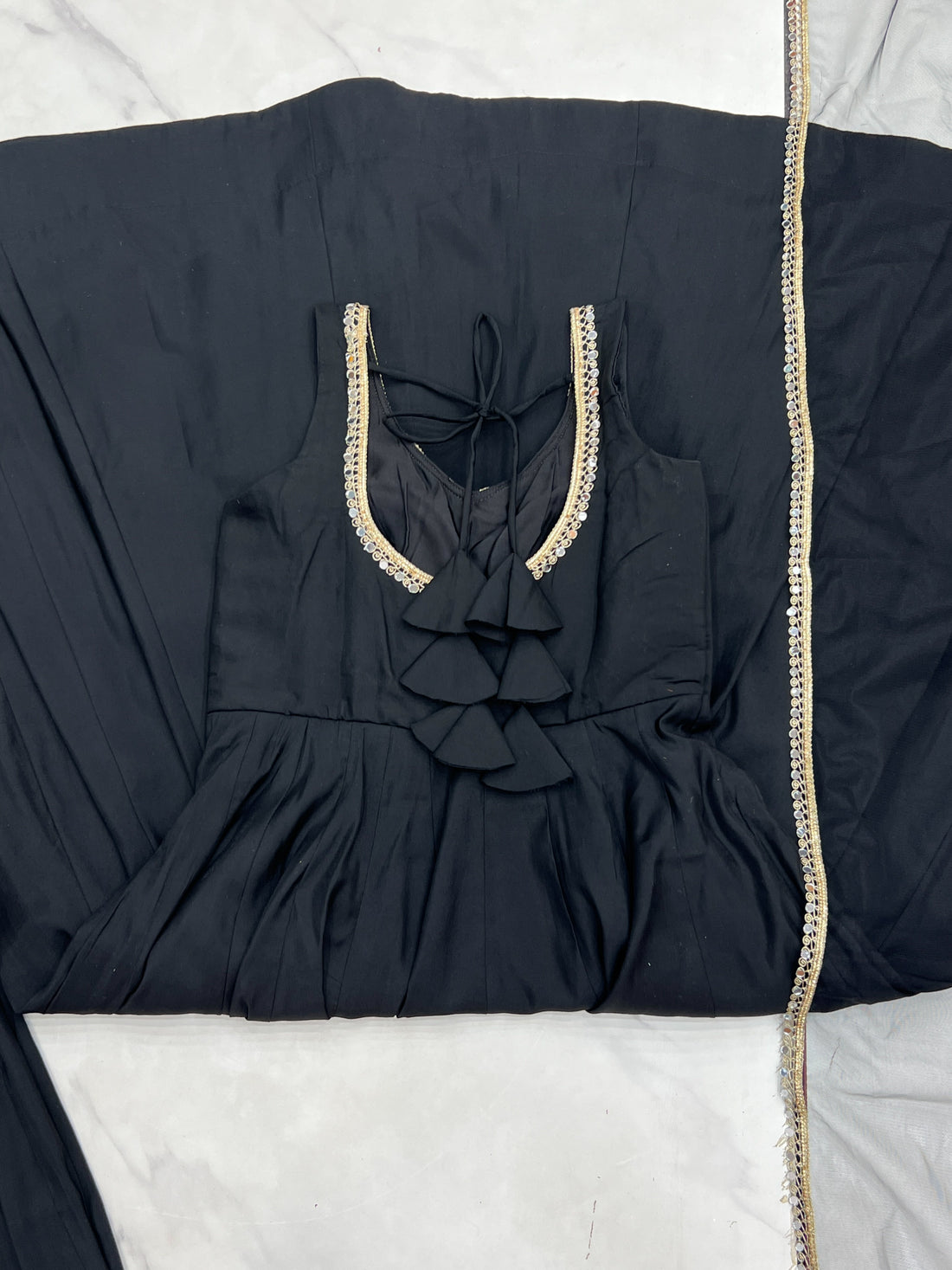 Pure Romansilk Black Chanderi Anarkali Set with Dupatta & Pant