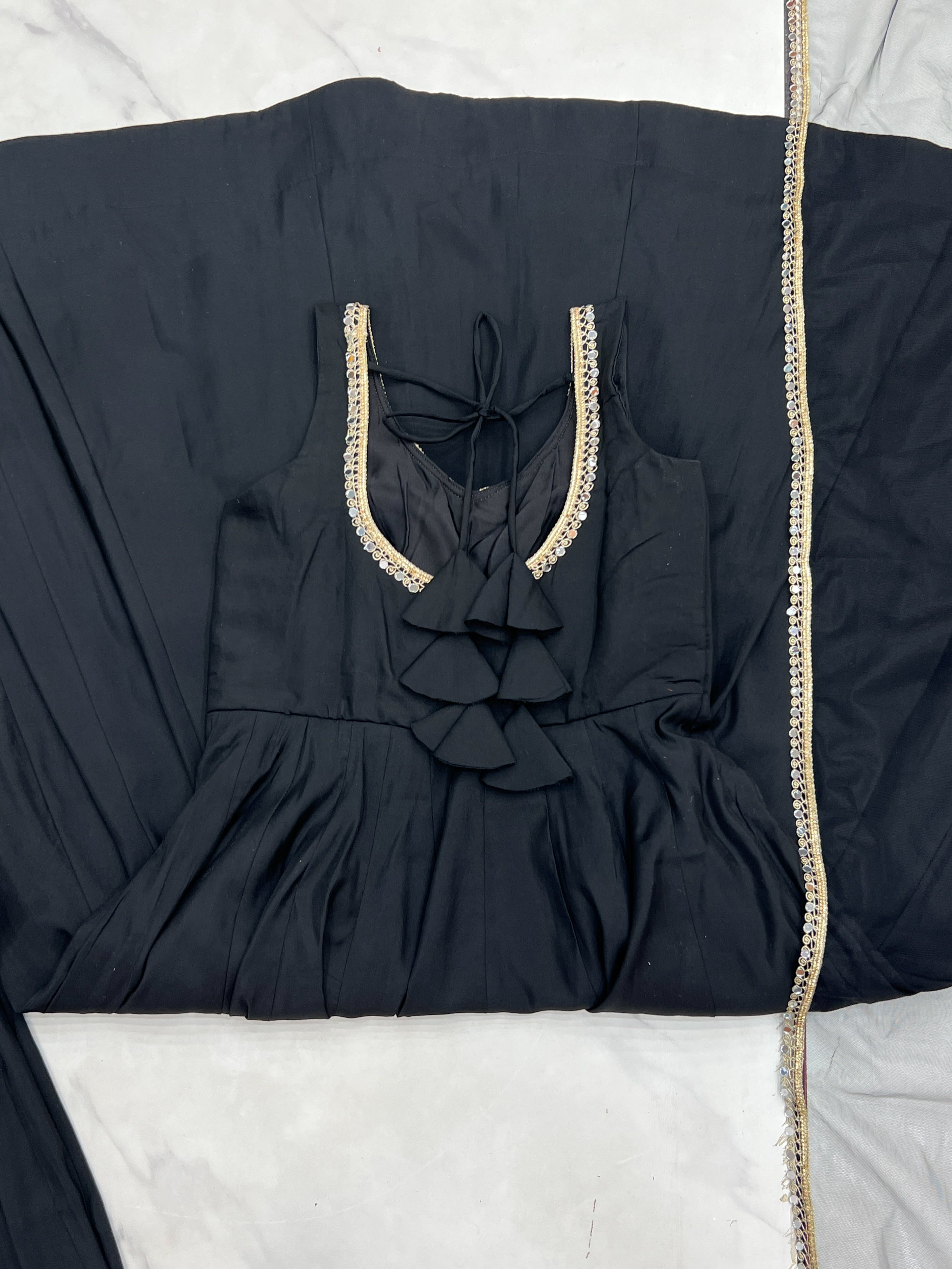 Pure Romansilk Black Chanderi Anarkali Set with Dupatta & Pant