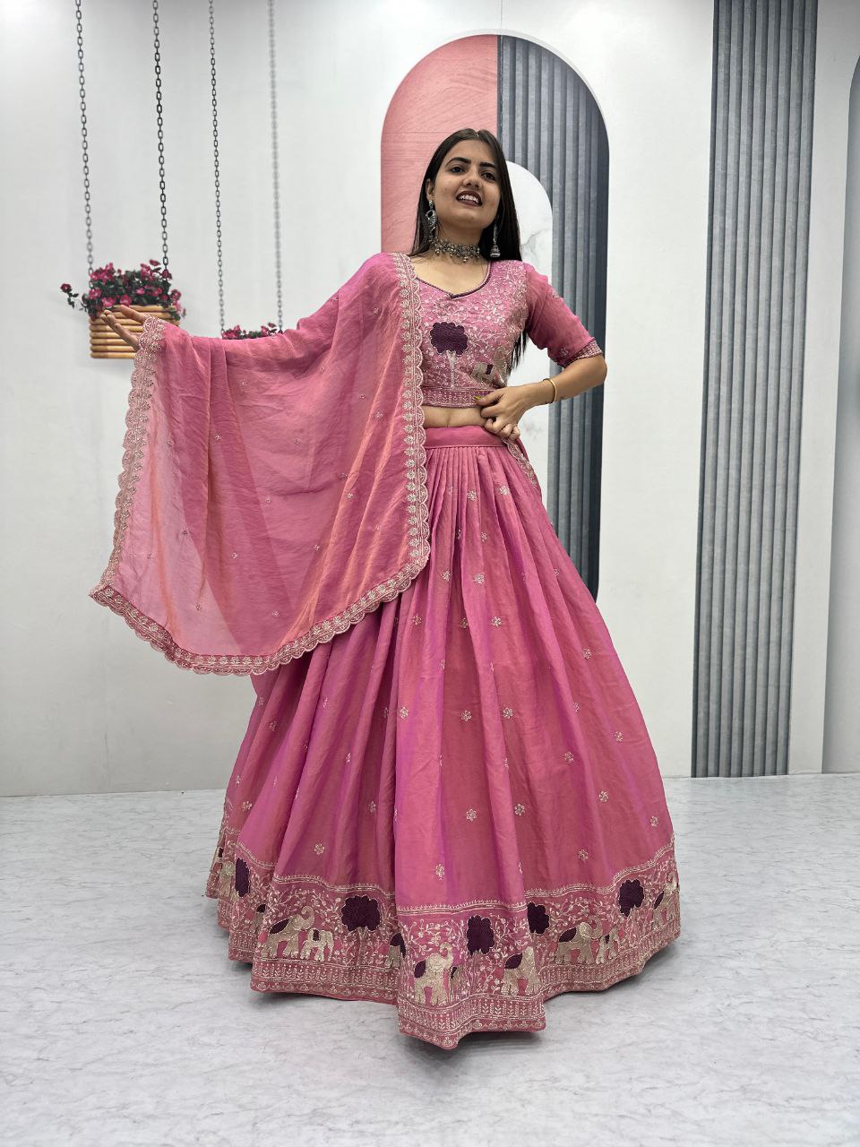 Premium Moss Simar Pink Banzaran Lehenga Choli With Heavy Embroidery