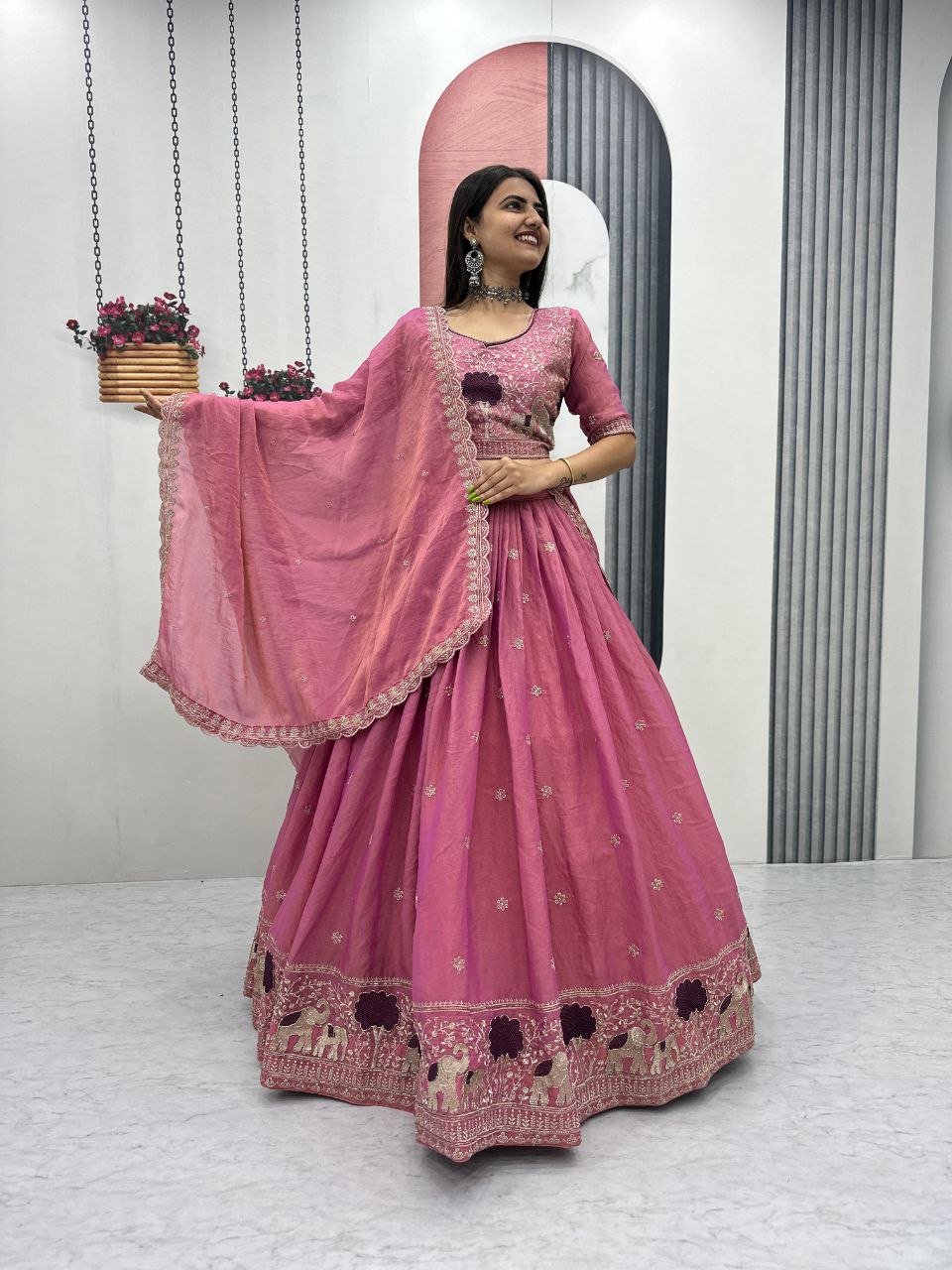 Premium Moss Simar Pink Banzaran Lehenga Choli With Heavy Embroidery