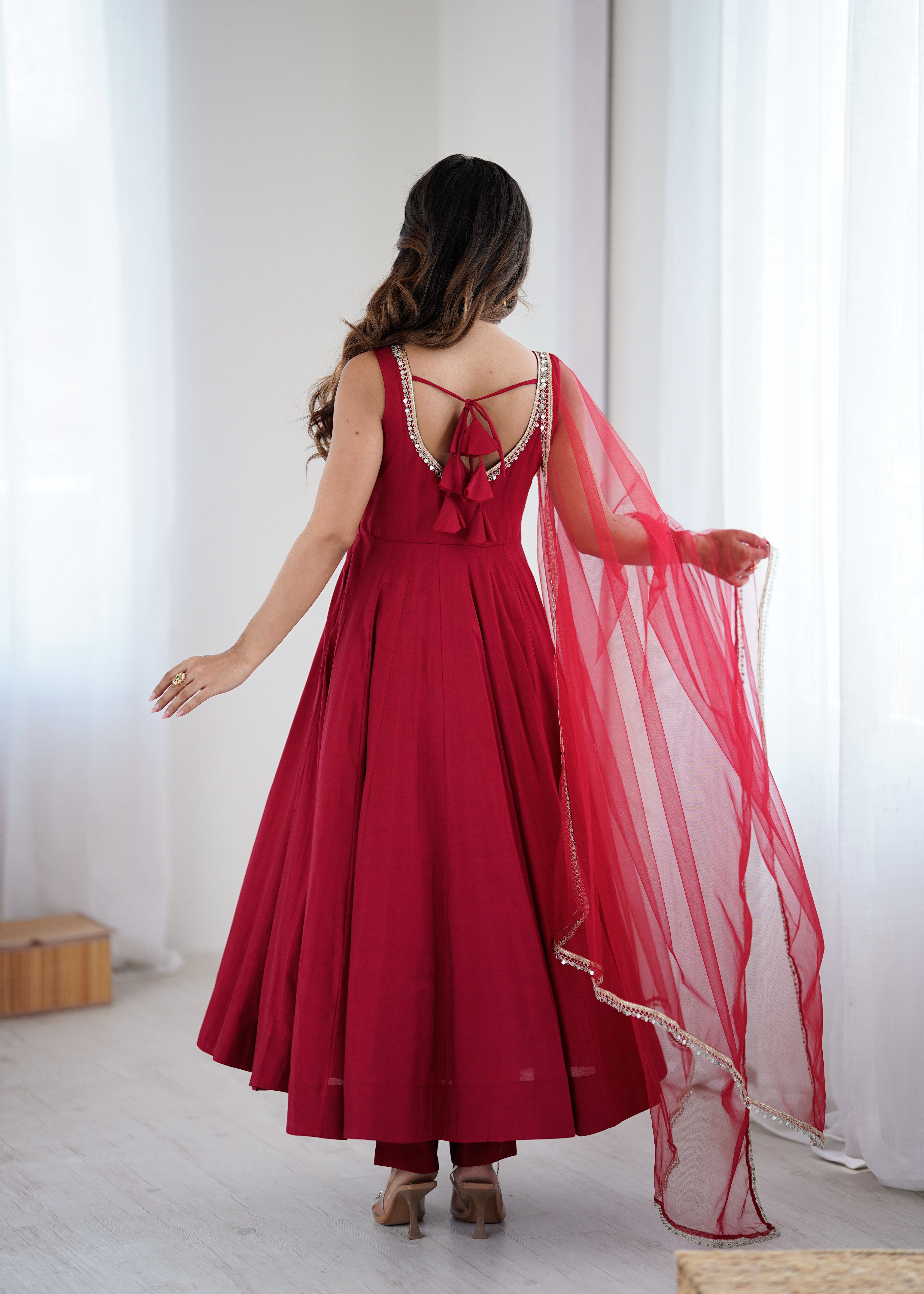 Pure Romansilk Maroon Chanderi Anarkali Set with Dupatta & Pant