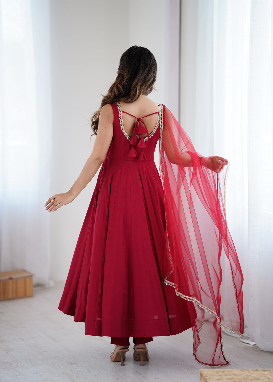 Pure Romansilk Maroon Chanderi Anarkali Set with Dupatta & Pant