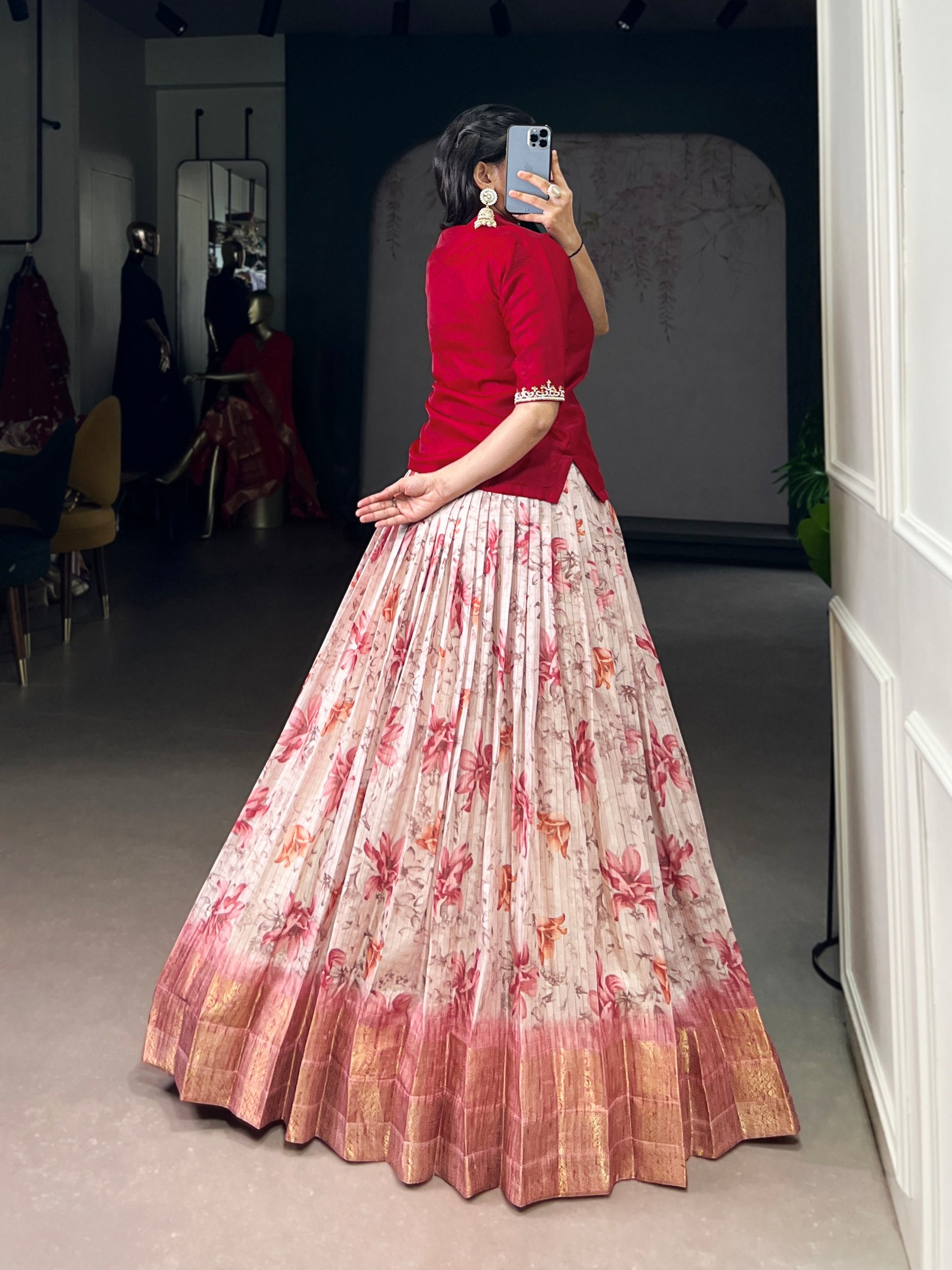 Dola Chex Floral Print Zari Weaving Lehenga with Handwork Banglory Blouse – Fully Stitched & Ready to Wear