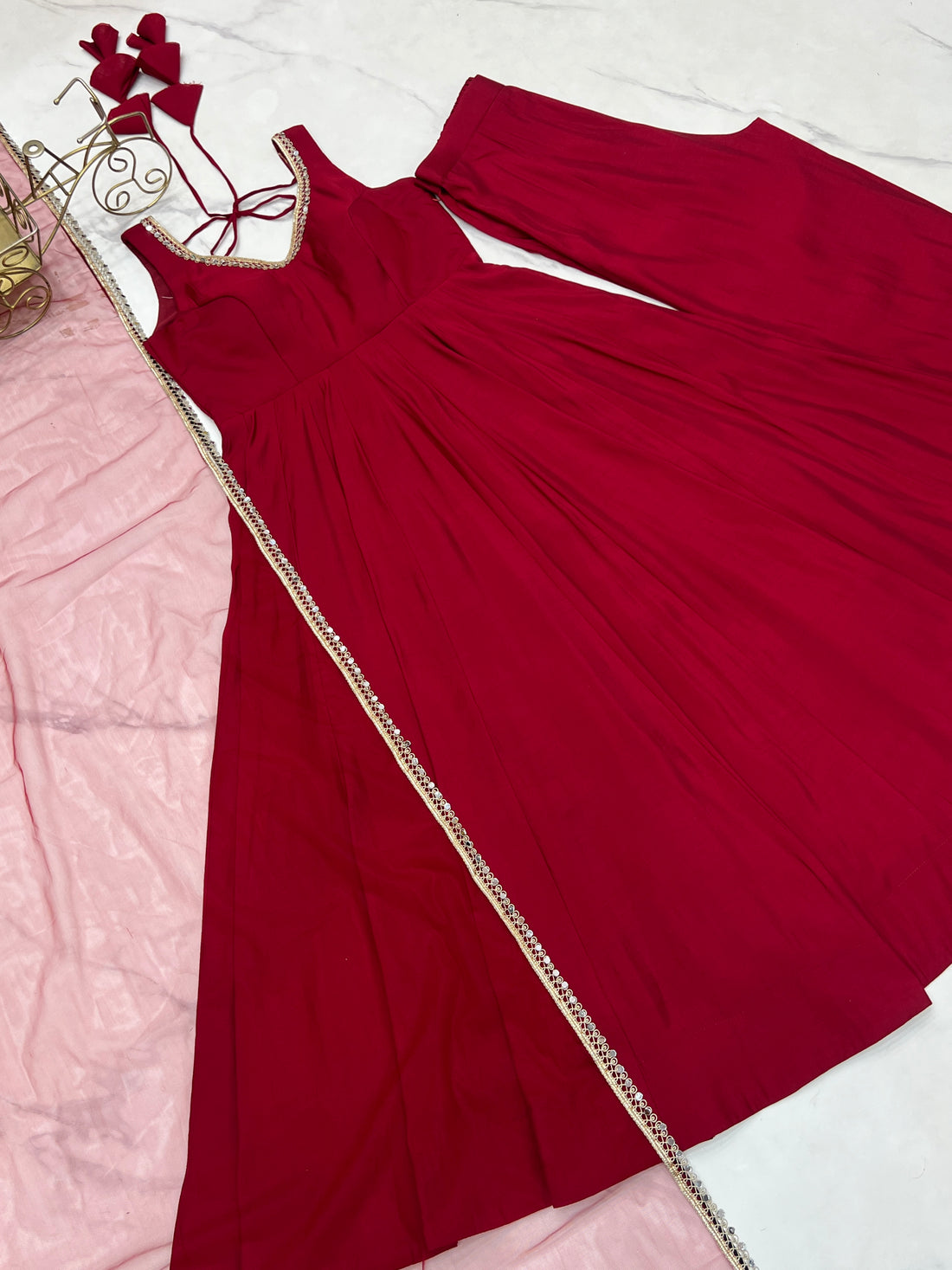 Pure Romansilk Maroon Chanderi Anarkali Set with Dupatta & Pant