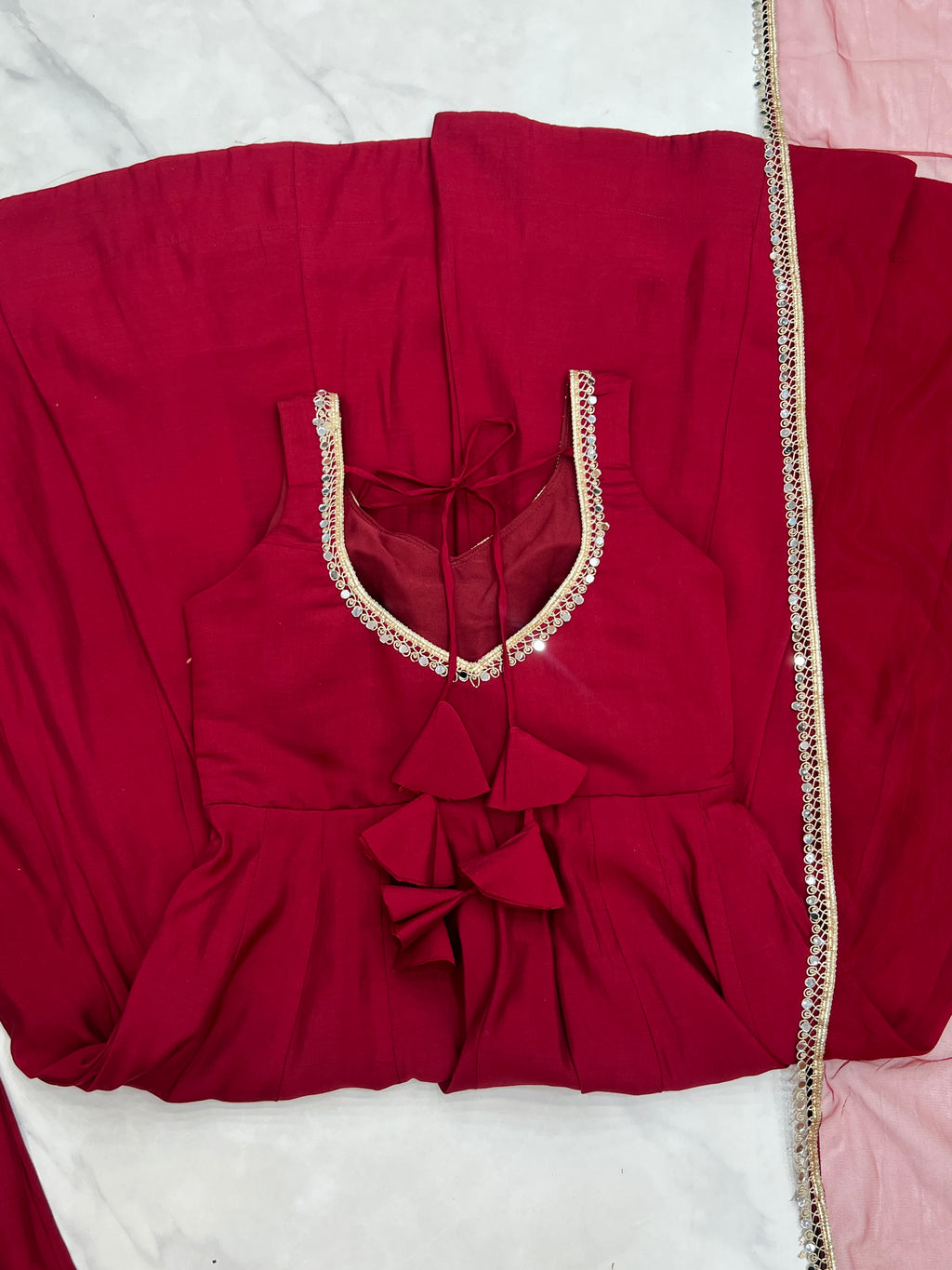 Pure Romansilk Maroon Chanderi Anarkali Set with Dupatta & Pant