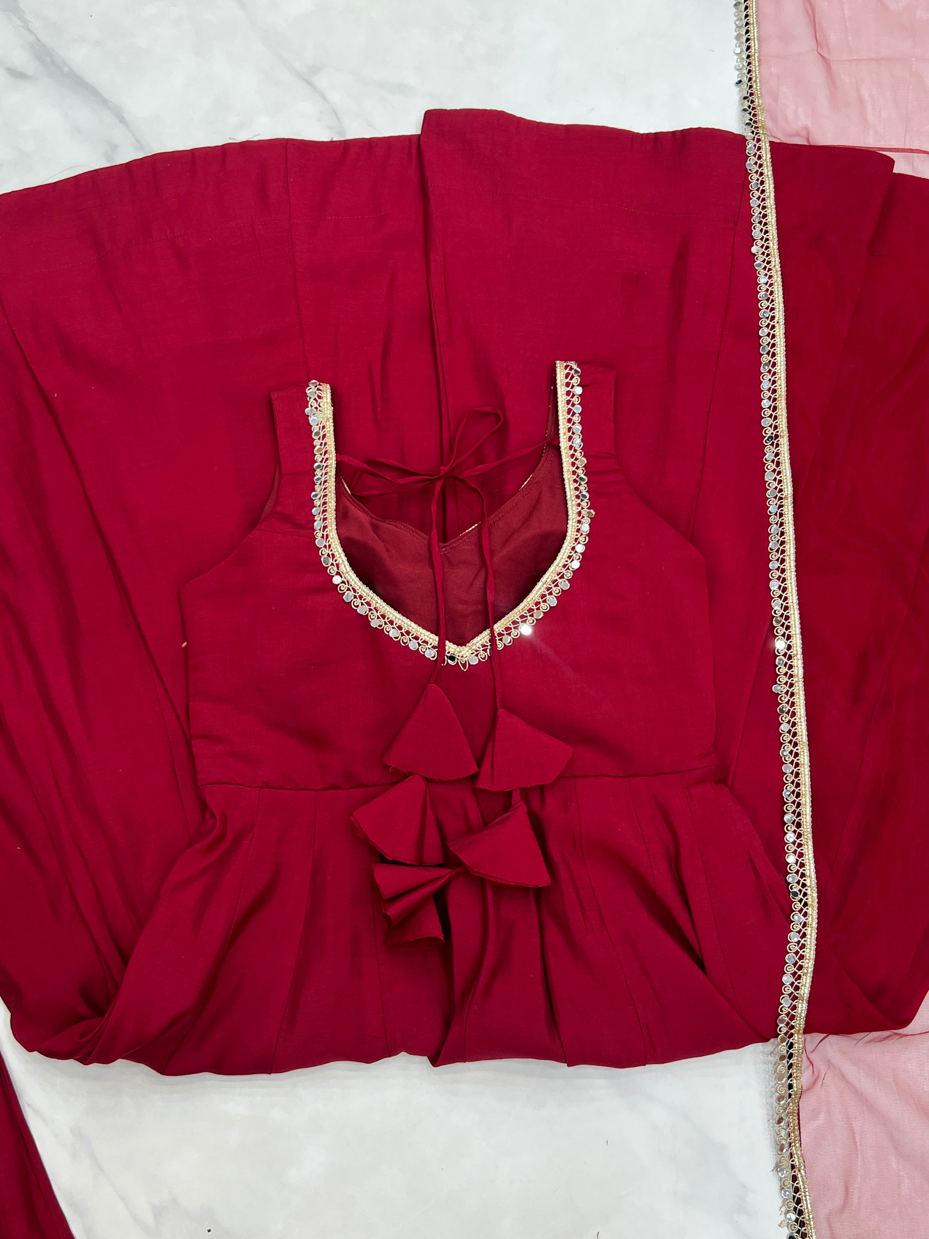 Pure Romansilk Maroon Chanderi Anarkali Set with Dupatta & Pant