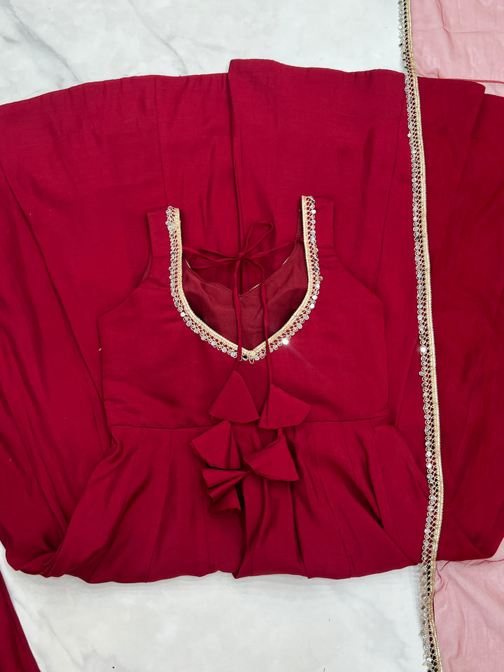 Pure Romansilk Maroon Chanderi Anarkali Set with Dupatta & Pant