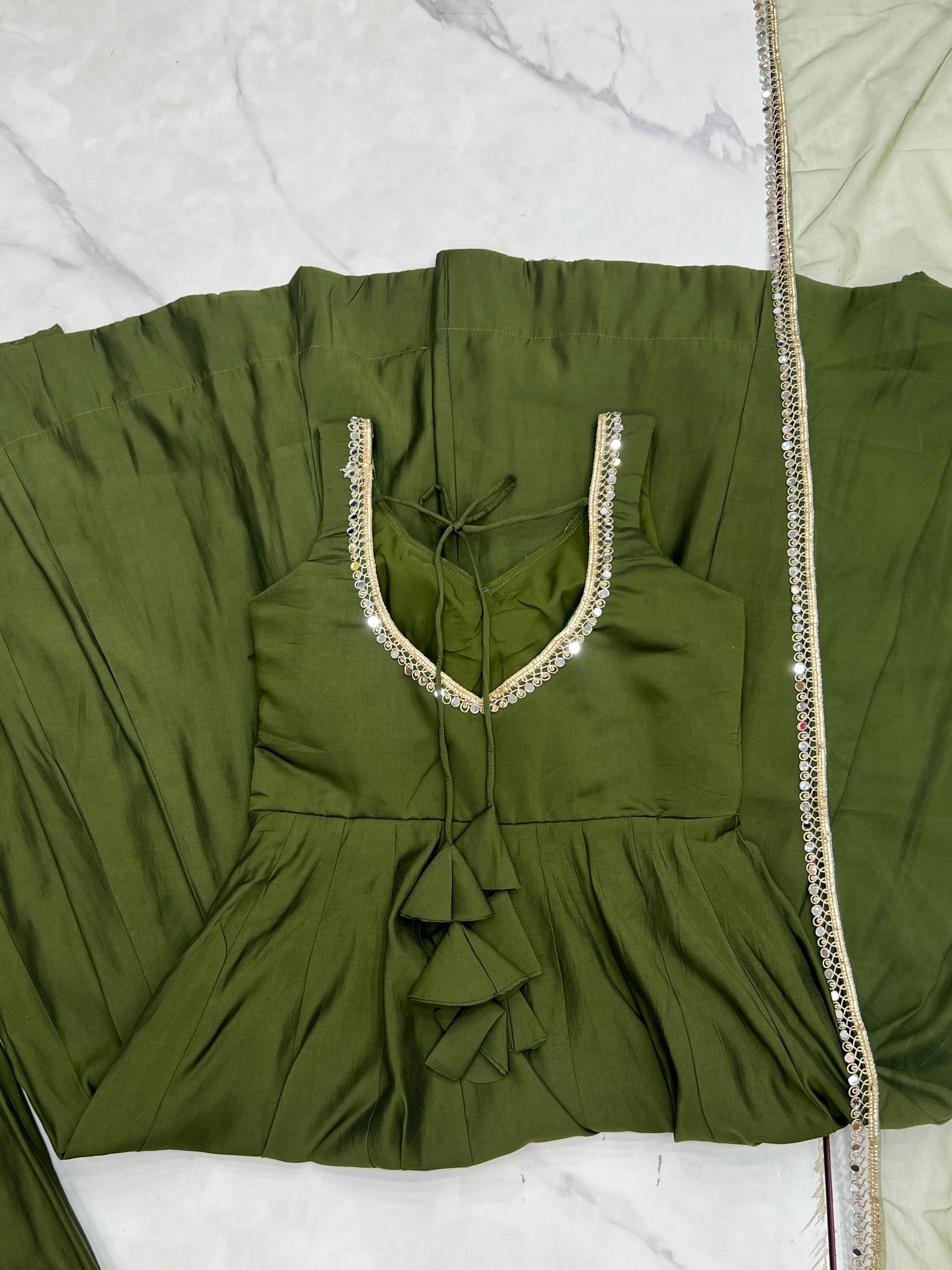 Pure Romansilk Mehandi Chanderi Anarkali Set with Dupatta & Pant