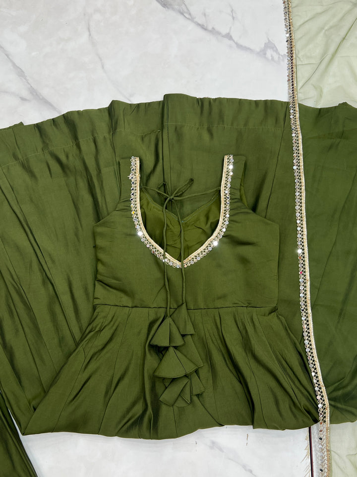 Pure Romansilk Mehandi Chanderi Anarkali Set with Dupatta & Pant