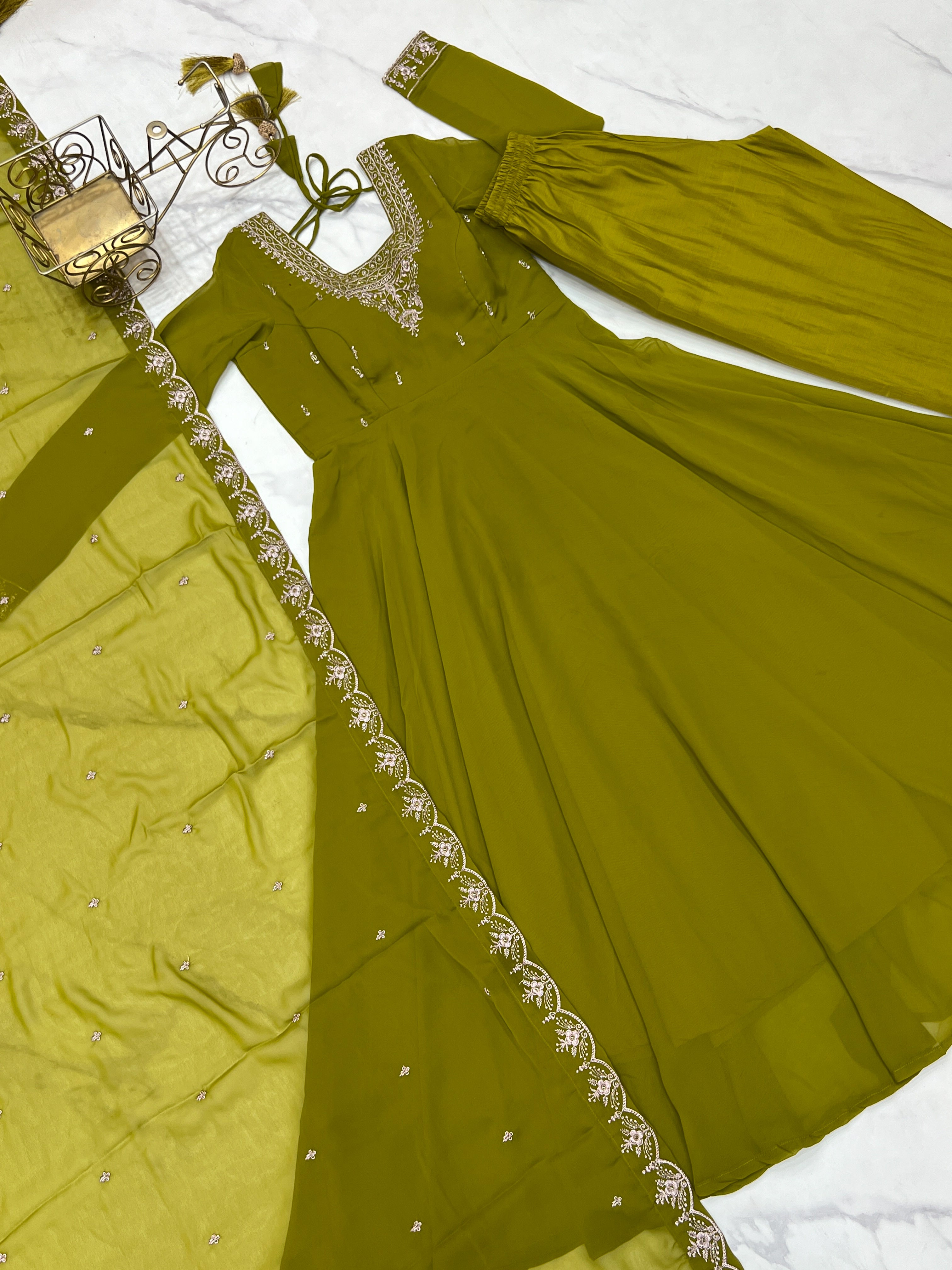 Pure Soft Mehndi Green Fox Georgette Heavy Embroidery Fully Flared Anarkali Suit Set with Dupatta & Pant (Copy) (Copy)