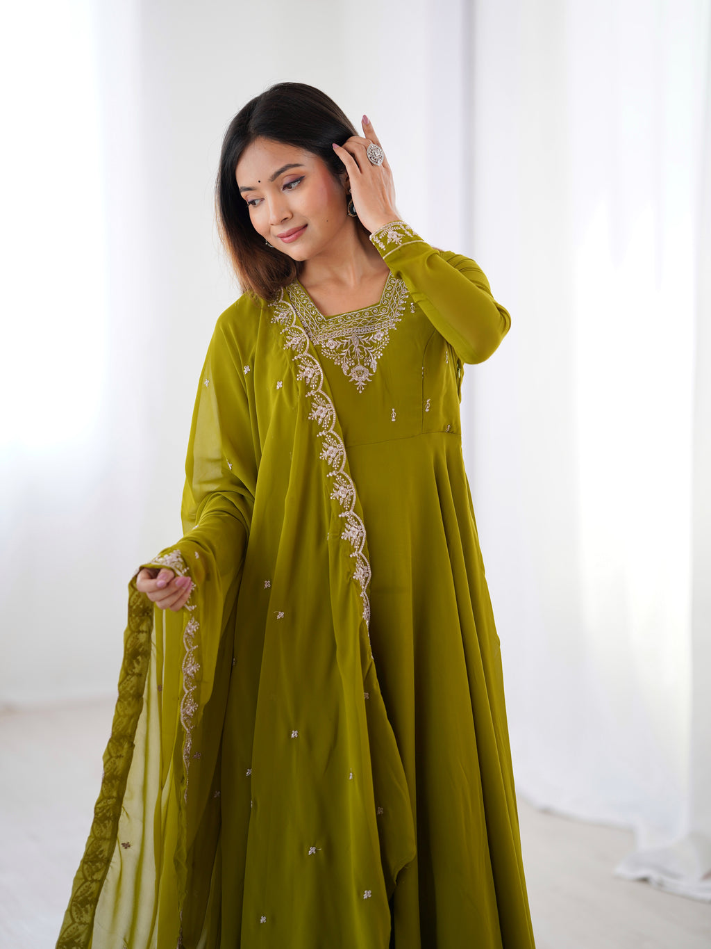 Pure Soft Mehndi Green Fox Georgette Heavy Embroidery Fully Flared Anarkali Suit Set with Dupatta & Pant (Copy) (Copy)