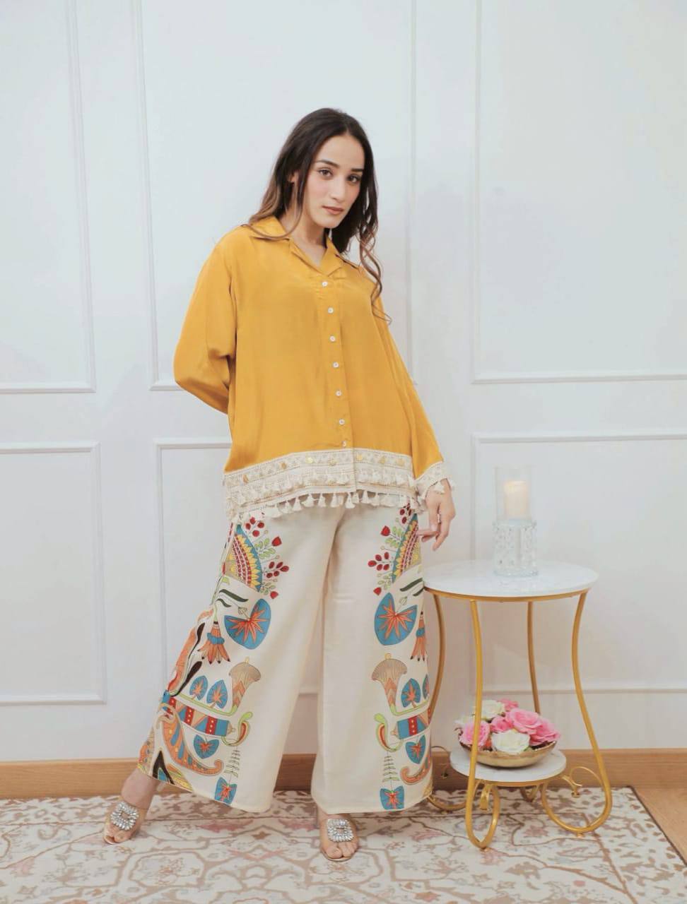 Branded Rayon Banzaran Yellow A-Cut Top With Digital Print Plazo Set