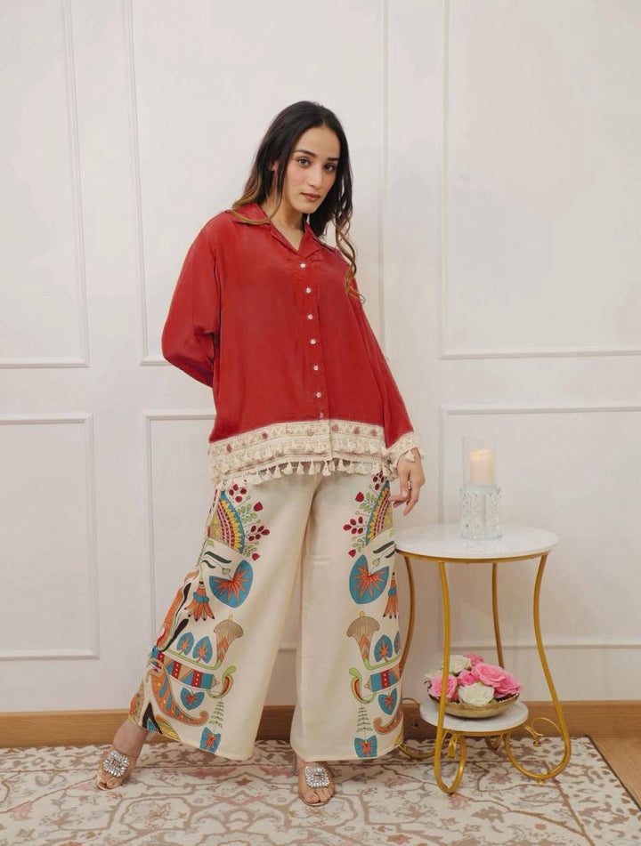 Branded Banzaran Red Rayon A-Cut Top With Digital Print Plazo Set