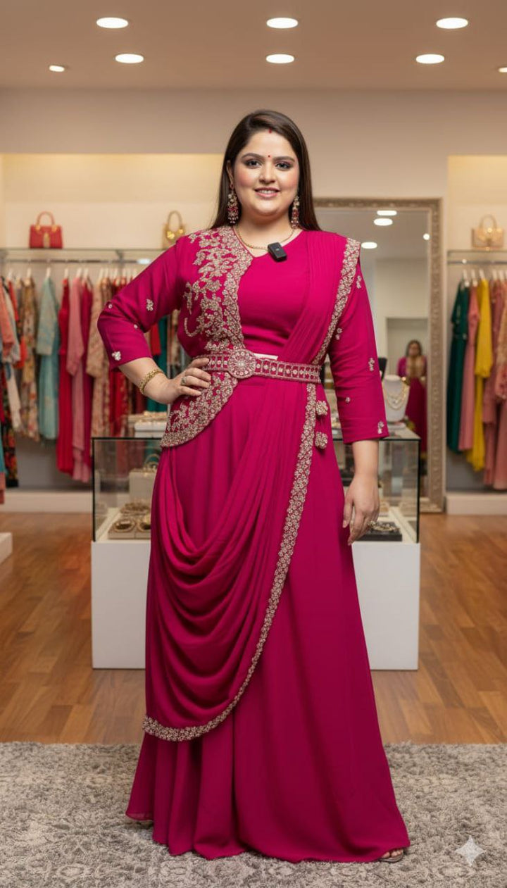 🌟 Ready-to-Wear Banzaran Multi-Thread Embroidery & Sequence Work Drape Lehenga Saree – Chinnon Silk