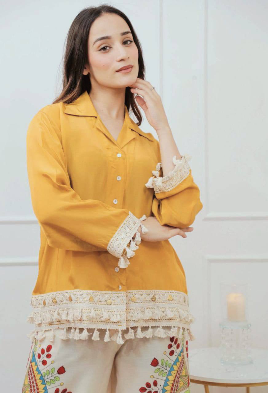 Branded Rayon Banzaran Yellow A-Cut Top With Digital Print Plazo Set