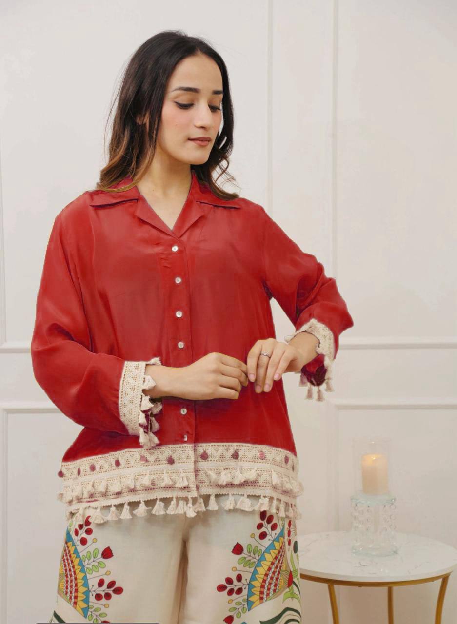Branded Banzaran Red Rayon A-Cut Top With Digital Print Plazo Set